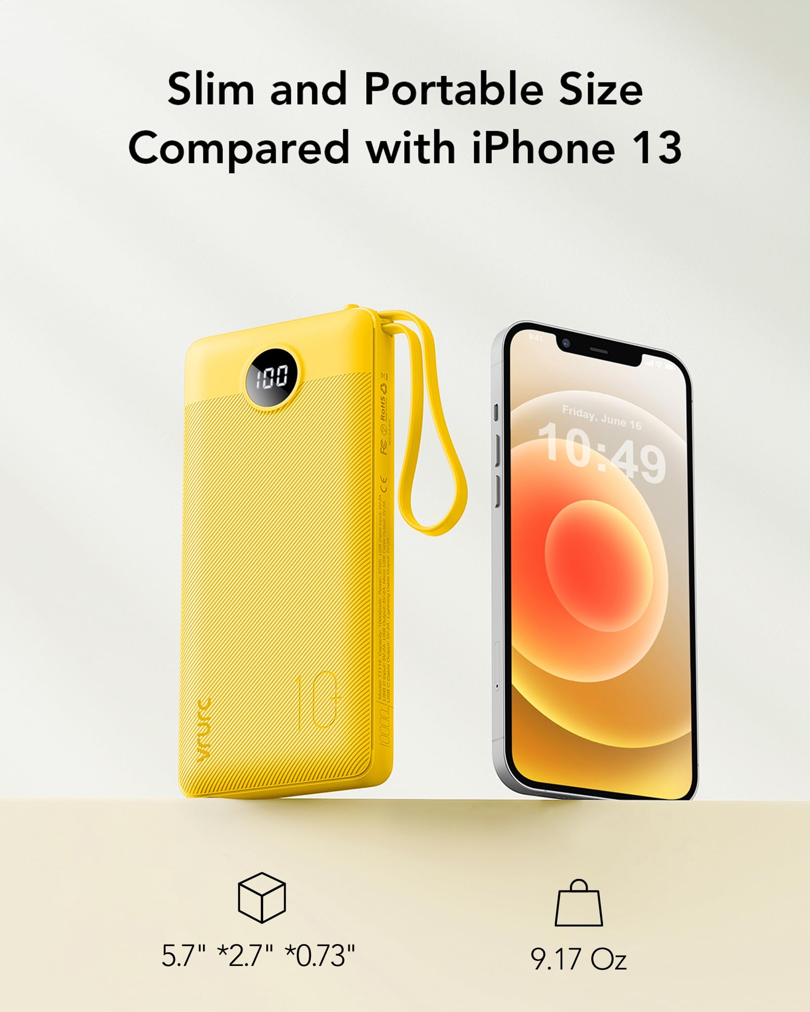 Foto 6 pulgar | Batería Externa Vrurc De 10000 Mah Con Cables Usb-c Integrados, Color Amarillo - Venta Internacional.