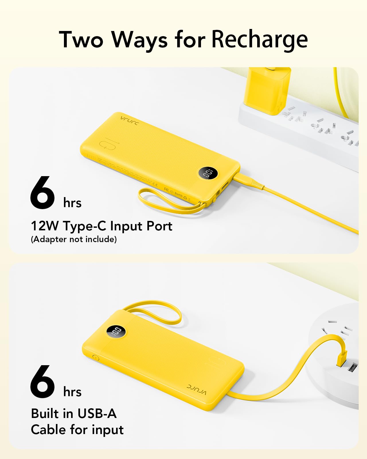 Foto 7 pulgar | Batería Externa Vrurc De 10000 Mah Con Cables Usb-c Integrados, Color Amarillo - Venta Internacional.