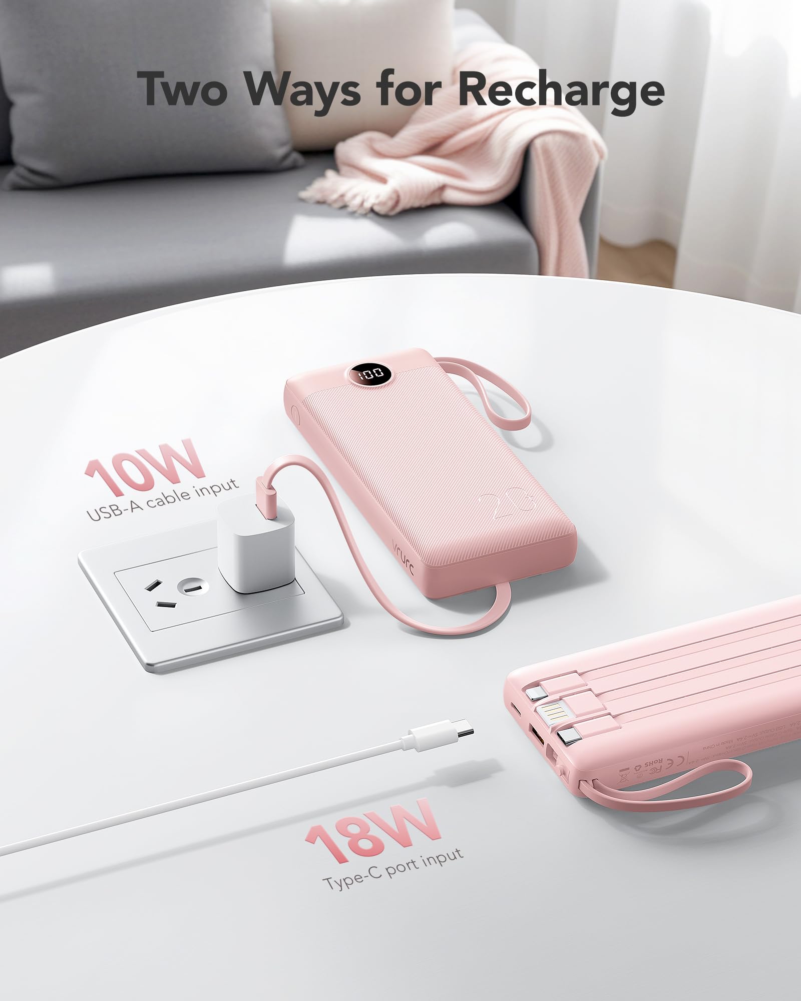 Foto 5 | Cargador Portátil Vrurc Power Bank De 20000 Mah Con 4 Cables, Color Rosa - Venta Internacional.