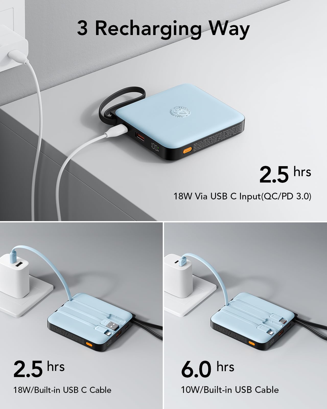 Foto 7 pulgar | Cargador Portátil Vrurc De 10000 Mah Con 4 Cables Integrados, Color Azul - Venta Internacional.