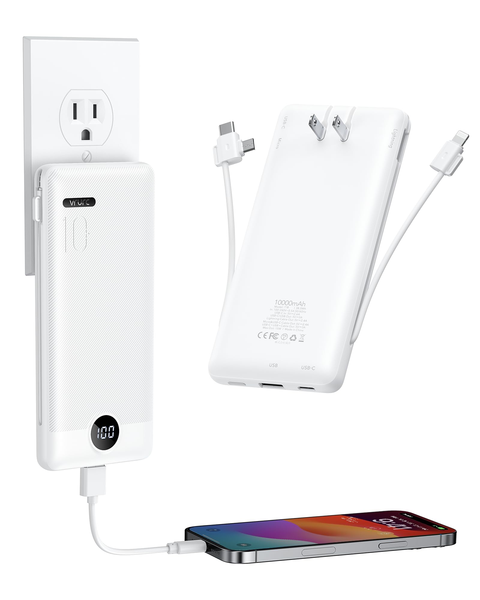 Foto 2 pulgar | Cargador Portátil Vrurc De 10000 Mah Con Enchufe De Pared De 22,5 W, Color Blanco - Venta Internacional.