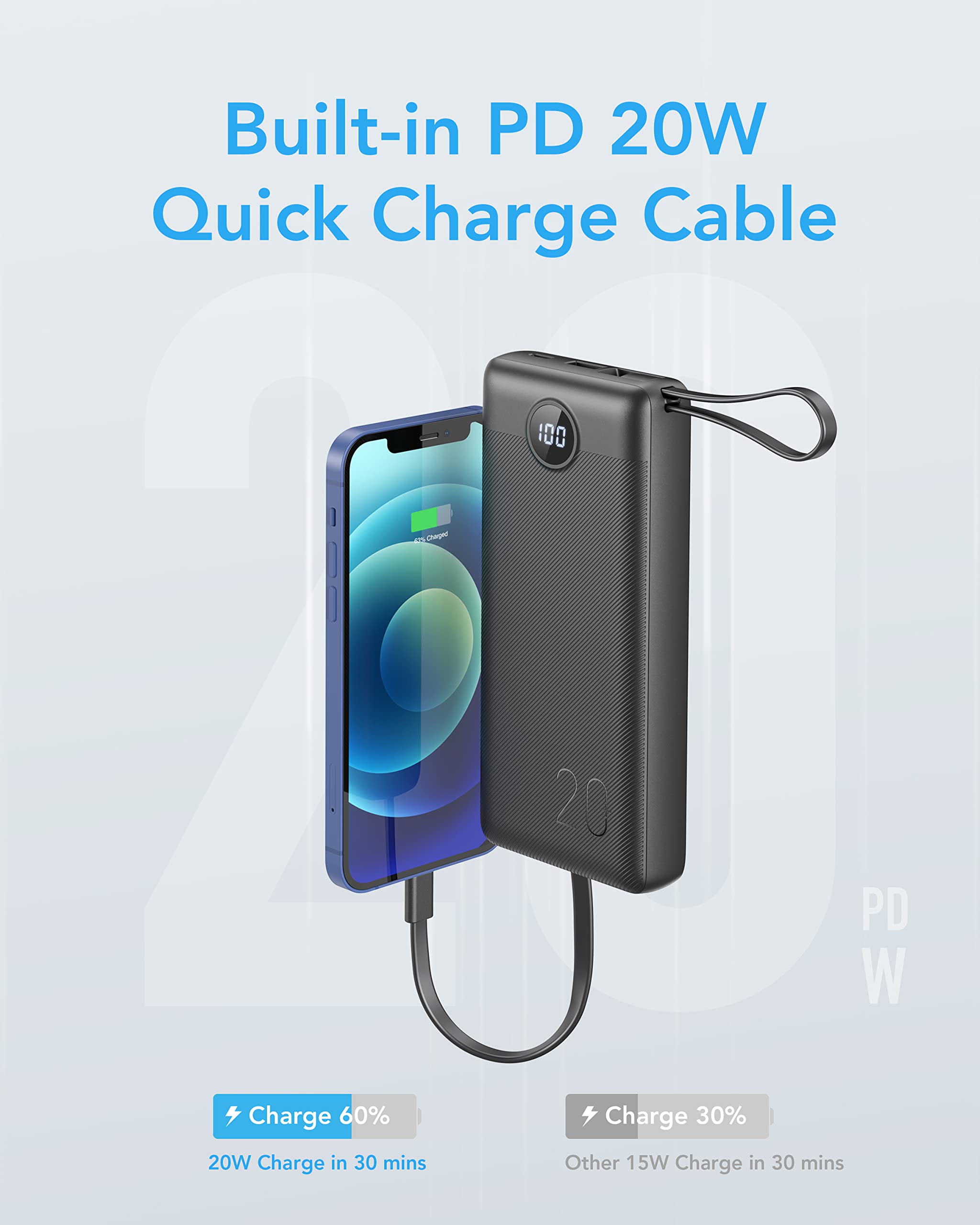 Foto 4 pulgar | Cargador Portátil Vrurc Power Bank De 20000 Mah Con Cables Integrados - Venta Internacional.