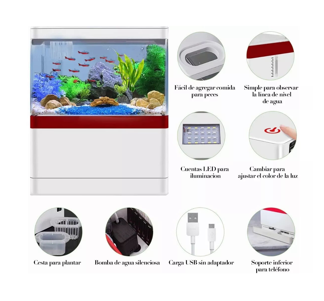 Foto 4 pulgar | Mini Pecera Para Pez Betta Con Filtro Luz Led 1.8 L Acuario Blanco
