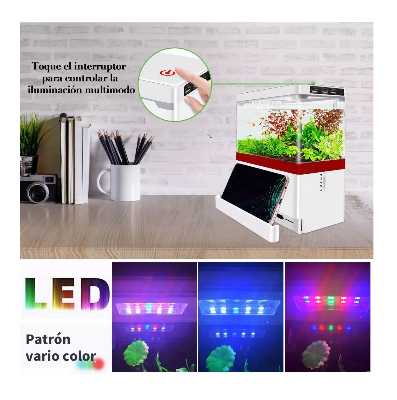 Foto 5 pulgar | Mini Pecera Para Pez Betta Con Filtro Luz Led 1.8 L Acuario Blanco