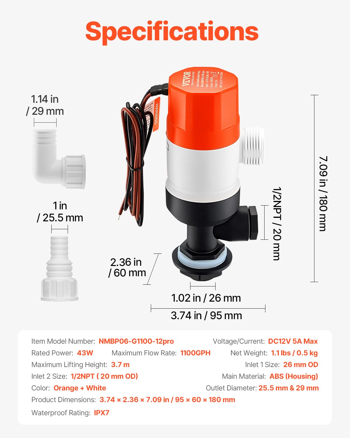 Foto 7 | Bomba Livewell Vevor 1100 Gph 12 V Para Barco Con Doble Entrada - Venta Internacional.