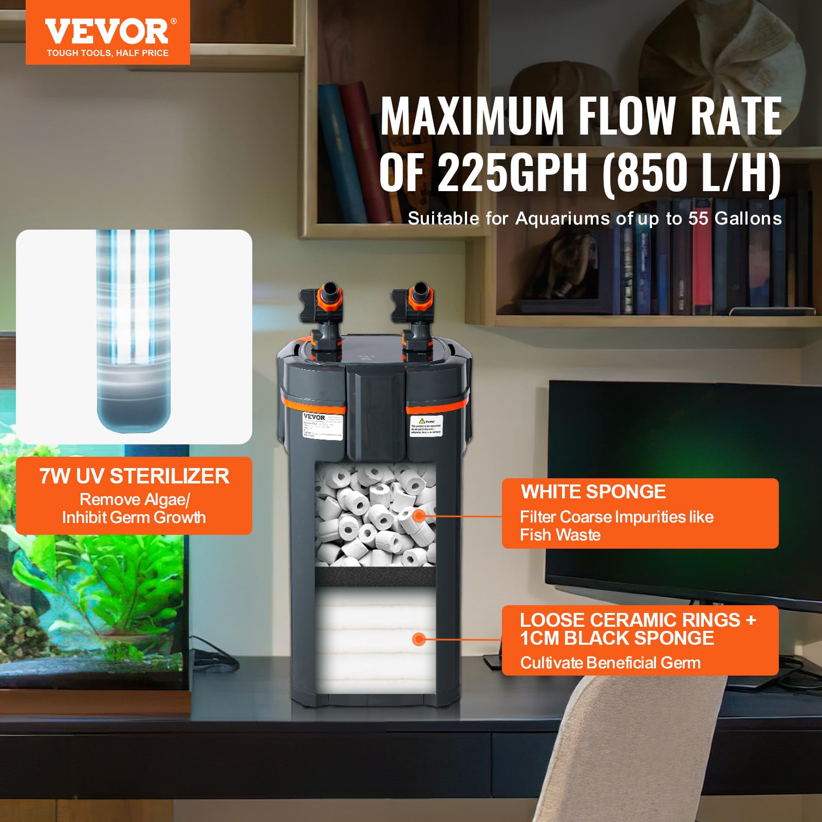 Foto 3 pulgar | Filtro De Acuario Vevor 850l/h 10w 35-55 Galones Con Uv 225gph - Venta Internacional.