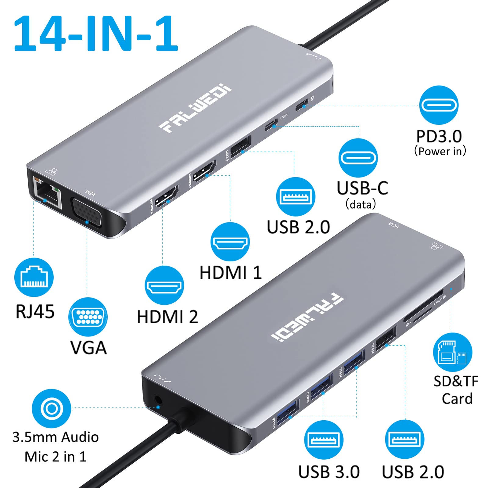 Foto 3 pulgar | Estación De Acoplamiento Usb C Para Portátiles Falwedi 14 En 1 Con 3 Monitores - Venta Internacional.