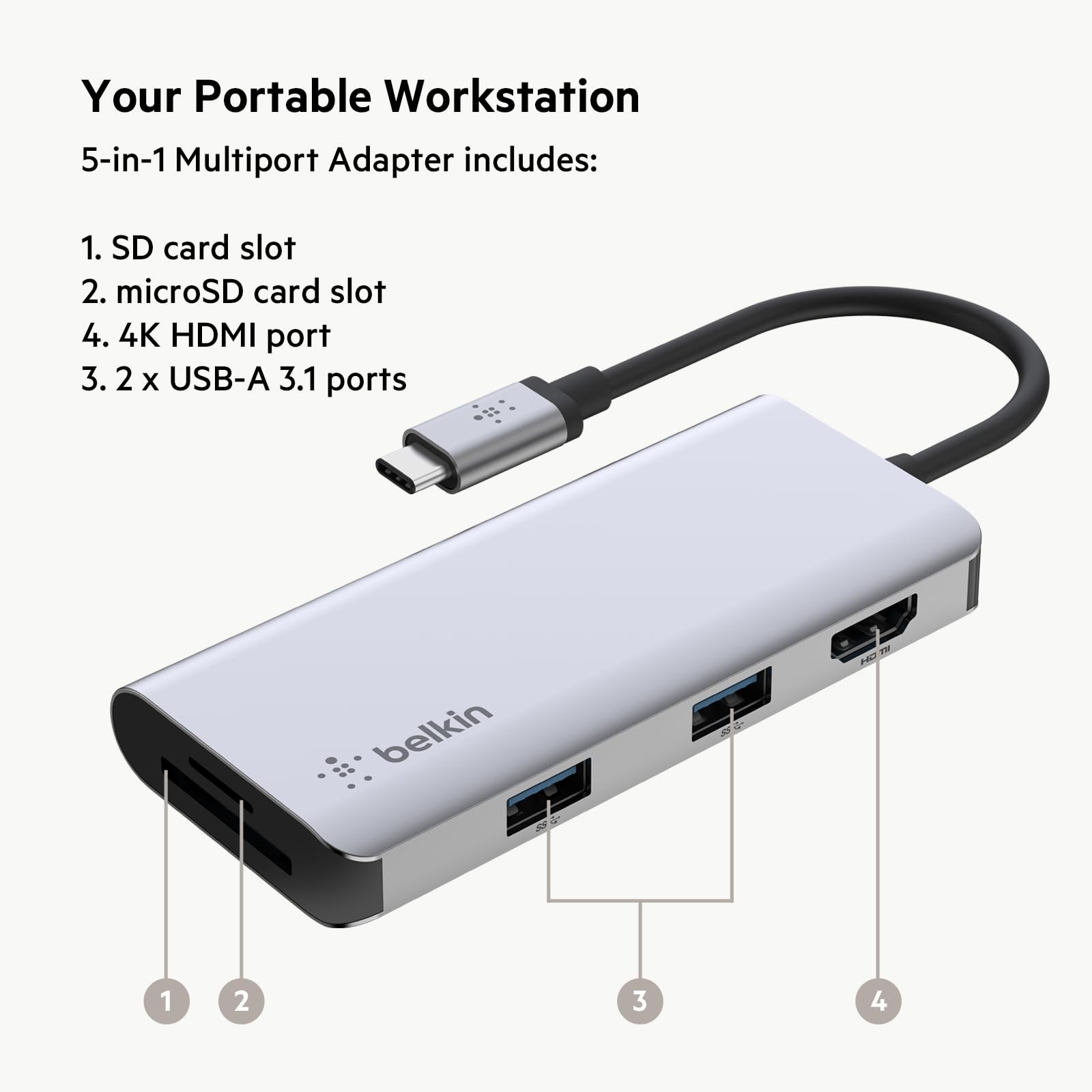 Foto 5 pulgar | Estación De Acoplamiento Multipuerto 5 En 1 Con Hub Usb-c De Belkin Con Hdmi 4k - Venta Internacional.