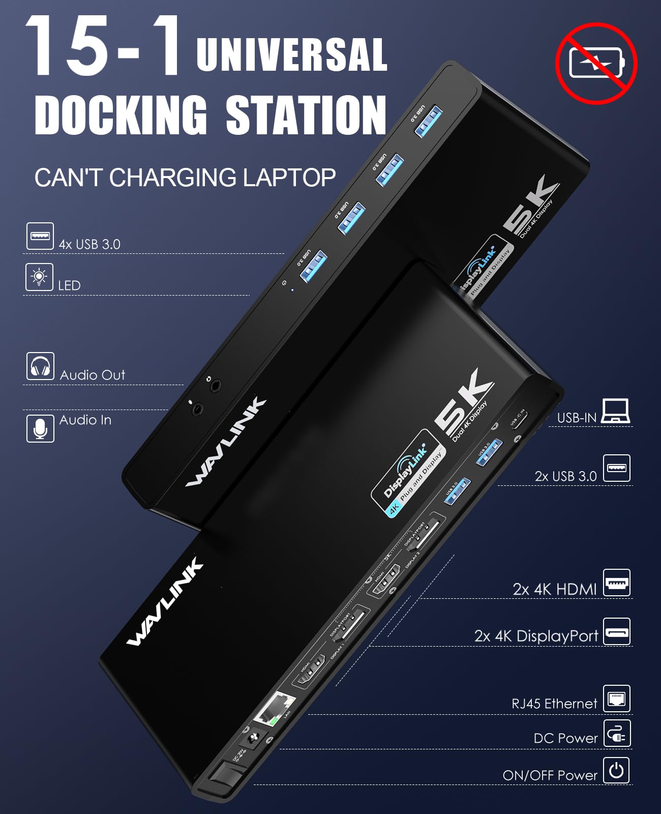 Foto 3 pulgar | Estación De Acoplamiento Wavlink Usb 3.0 Y Usb-c Con Pantalla Dual 4k - Venta Internacional.