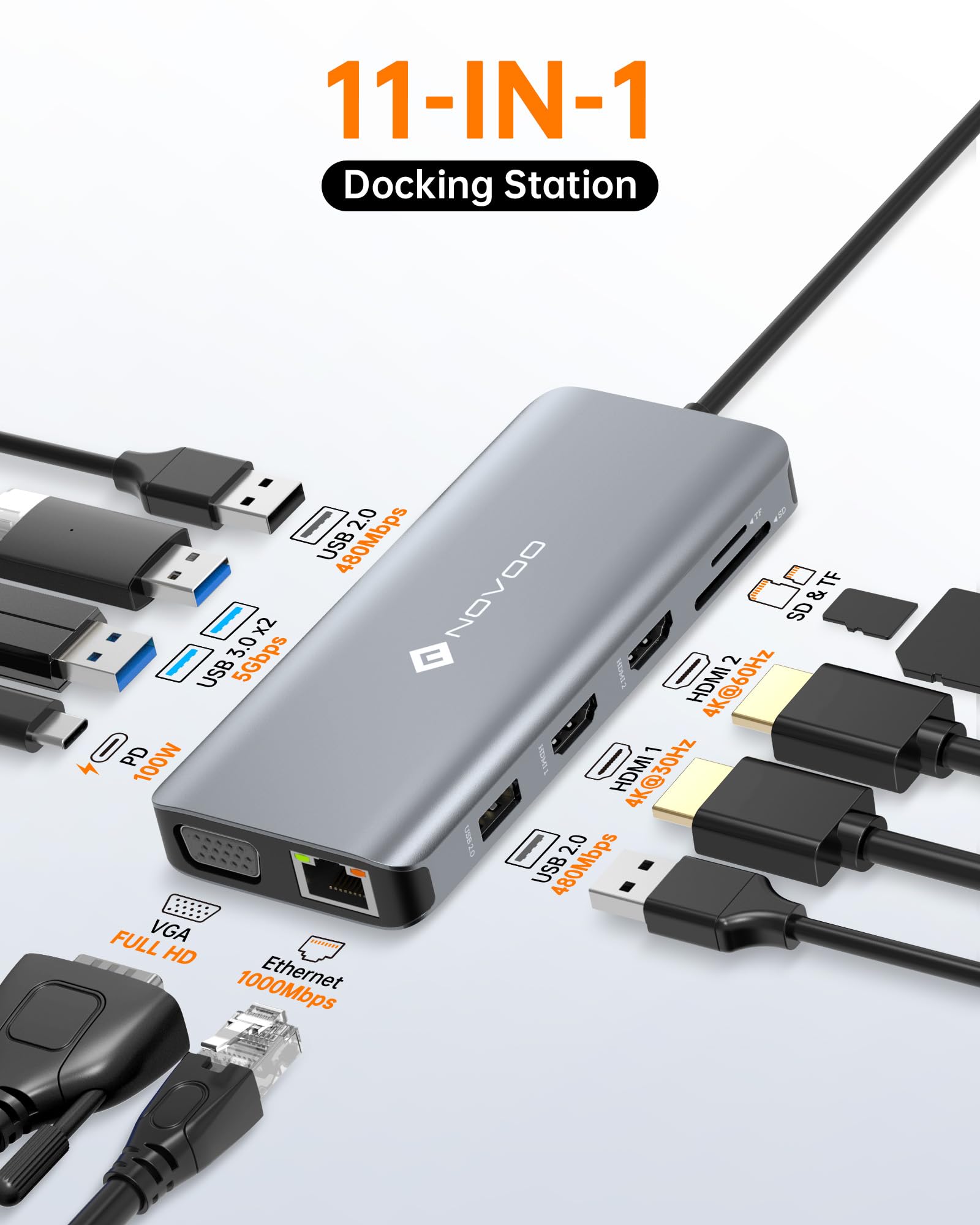 Foto 3 pulgar | Estación De Acoplamiento Usb C Novoo 11 En 1, Doble Hdmi, Vga, 100 W Pd - Venta Internacional.