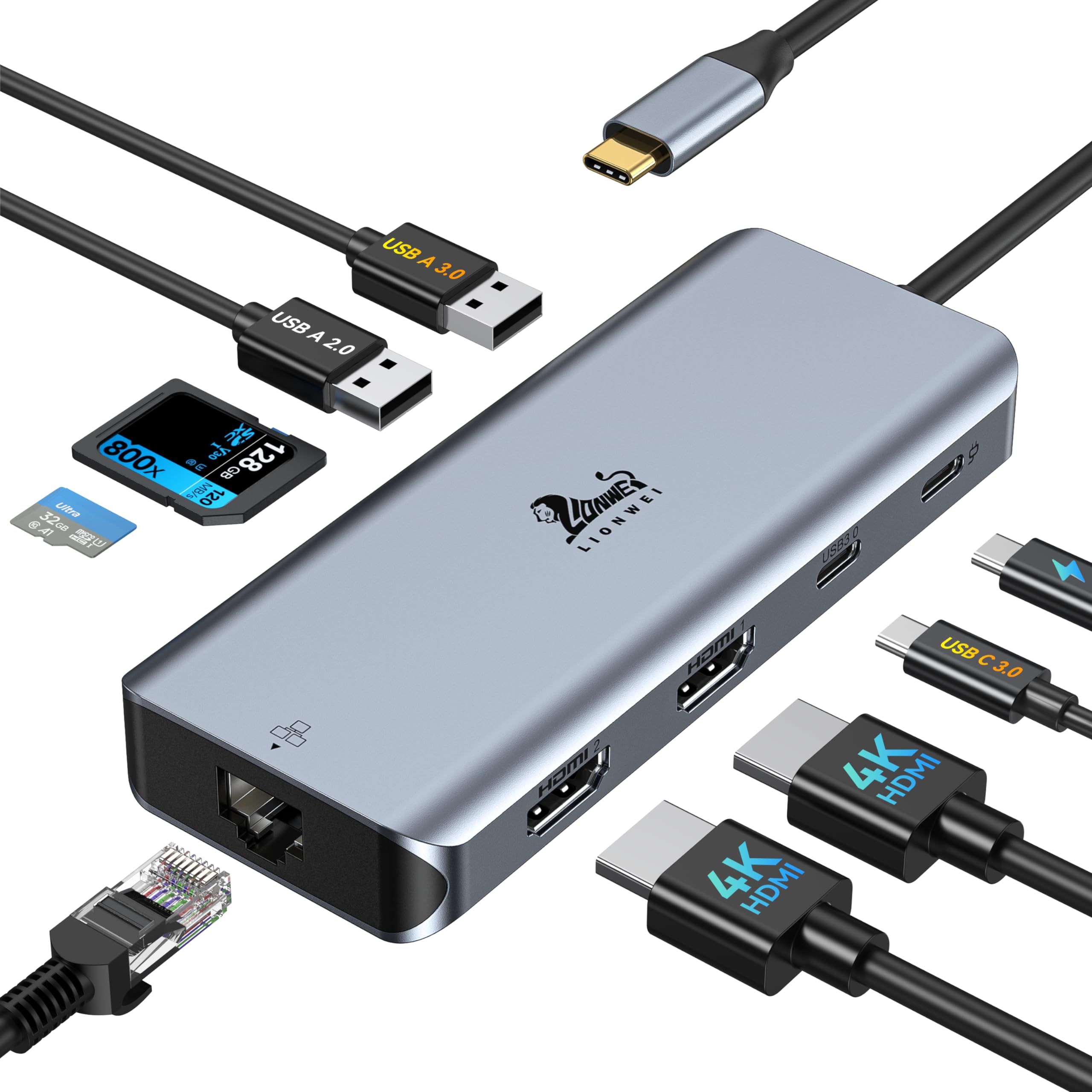 Foto 2 pulgar | Estación De Acoplamiento Usb C Lionwei 9 En 1 Con Doble Hdmi 4k 100w Pd - Venta Internacional.