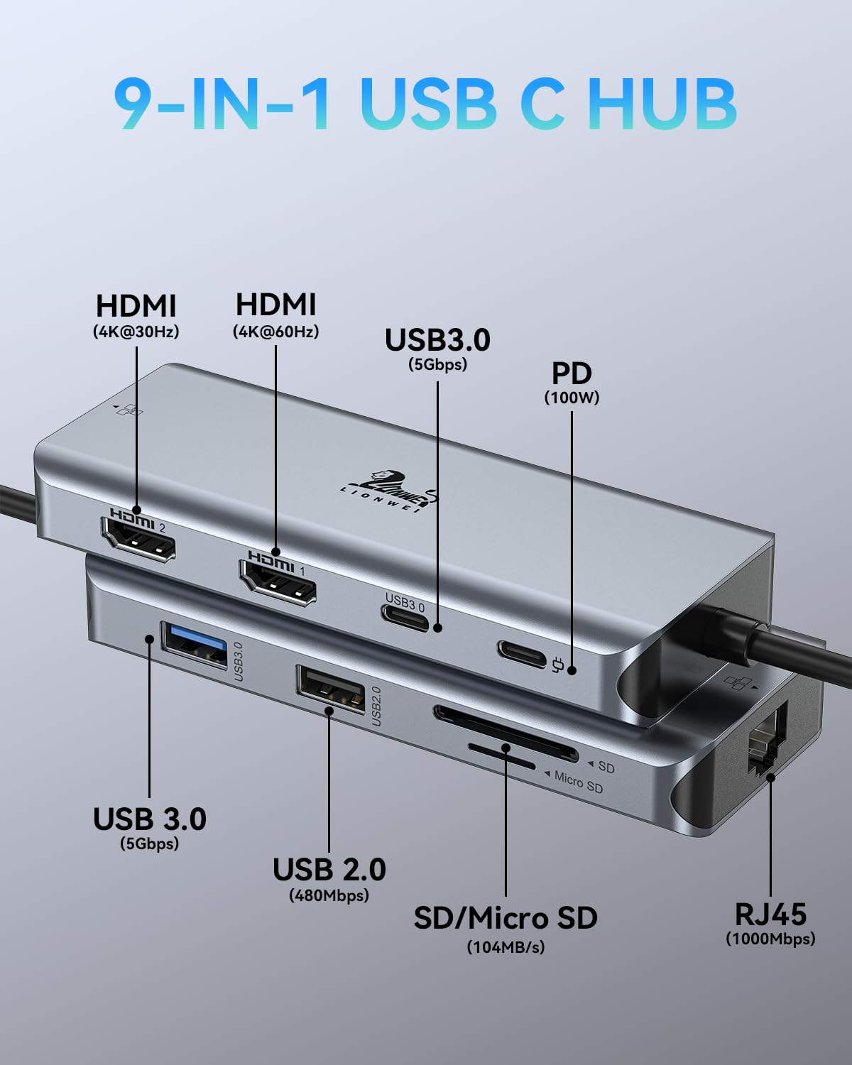 Foto 8 pulgar | Estación De Acoplamiento Usb C Lionwei 9 En 1 Con Doble Hdmi 4k 100w Pd - Venta Internacional.