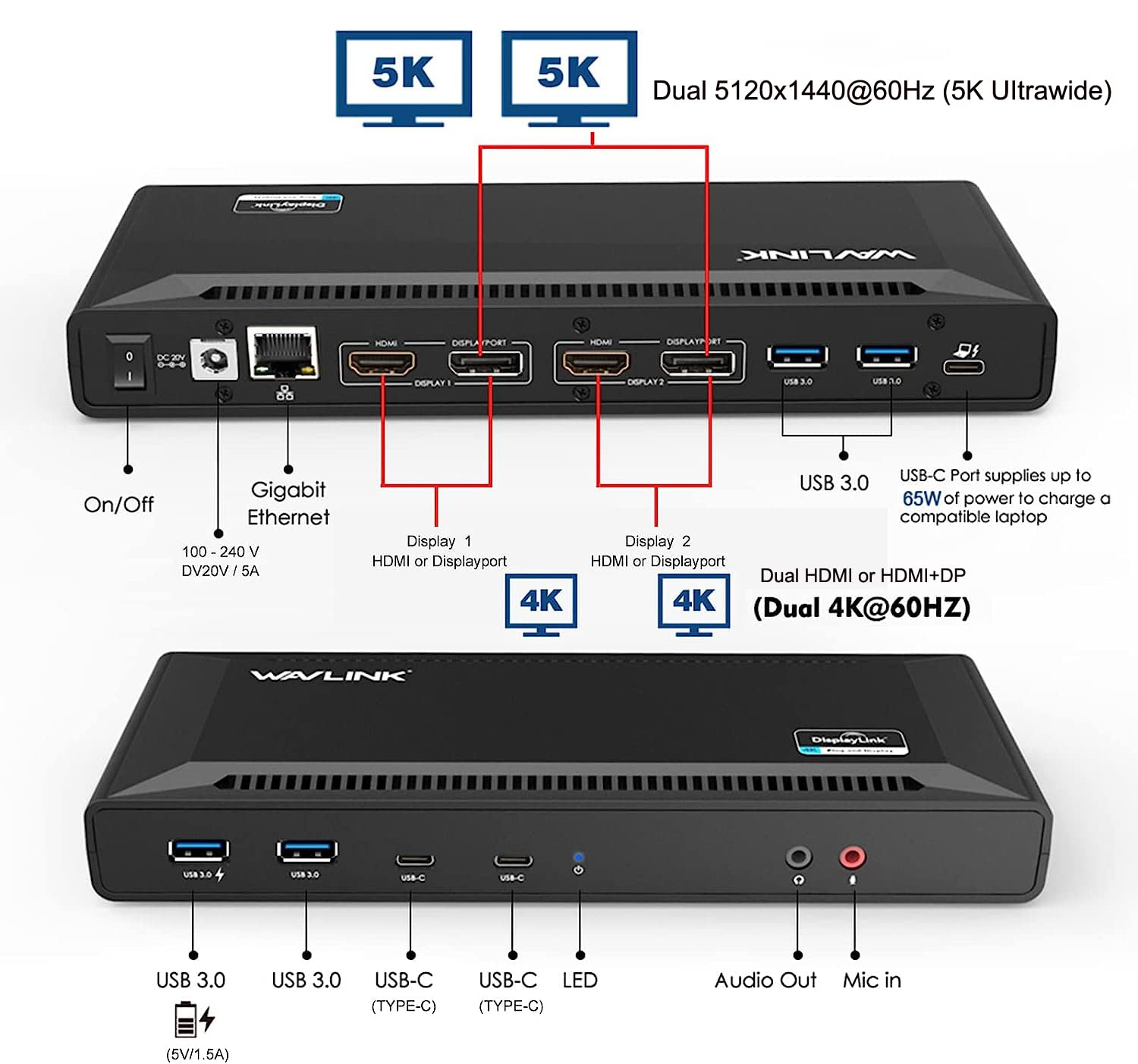 Foto 3 pulgar | Estación De Acoplamiento Wavlink Universal Usb C Para Monitores Duales 5k/4k - Venta Internacional.