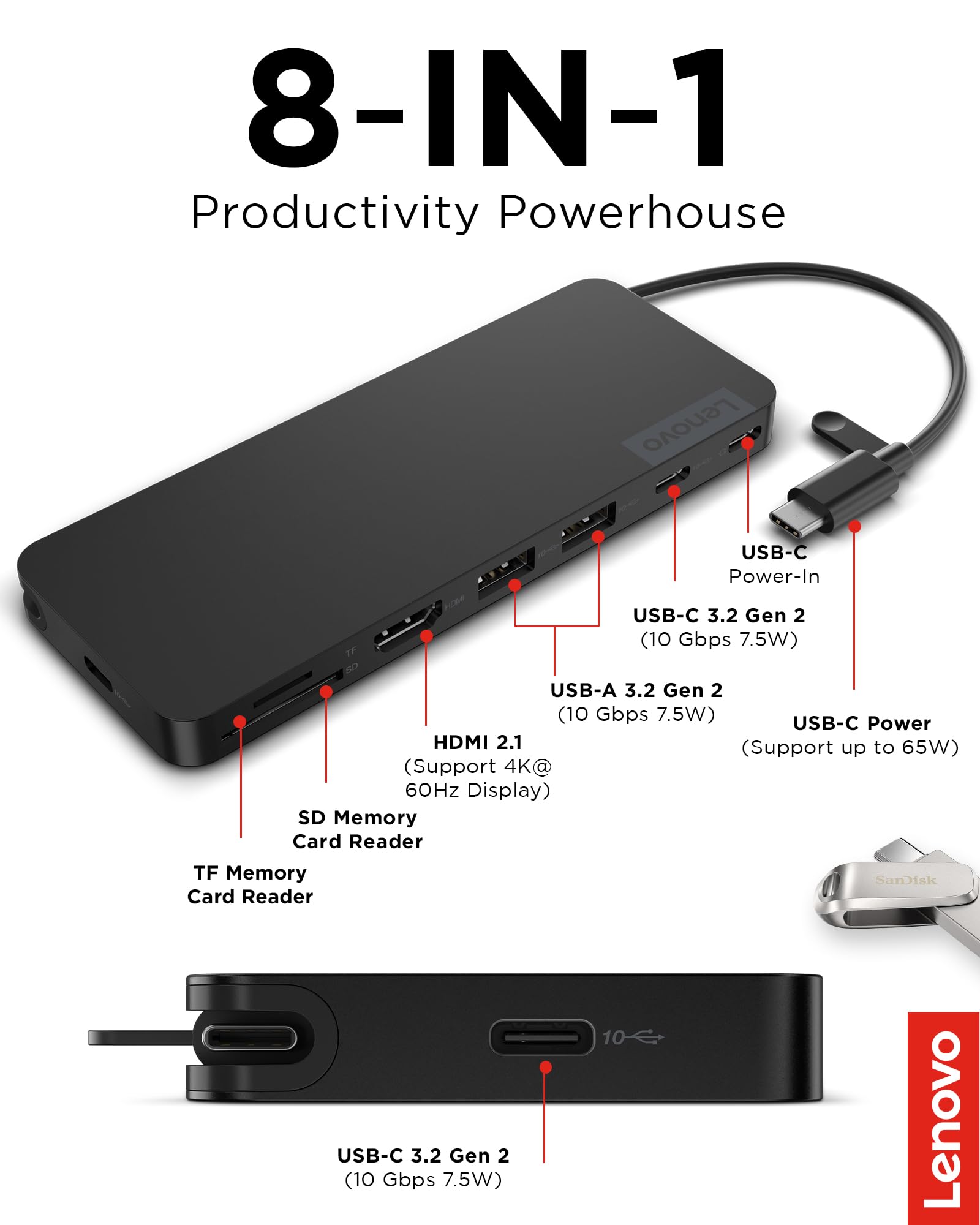 Foto 8 pulgar | Dock Lenovo Usb-c Slim Travel, 8 Puertos, 65 W, Pantalla Pd 4k - Venta Internacional.