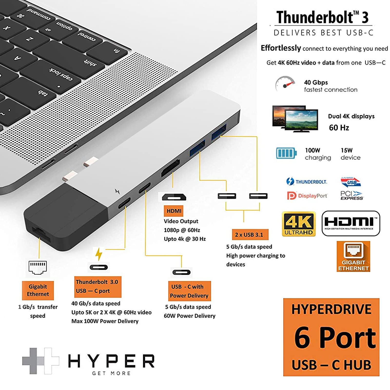 Foto 4 pulgar | Hub Usb C Hyperdrive Net 6 En 2 Para Macbook Pro Air 4k - Venta Internacional.