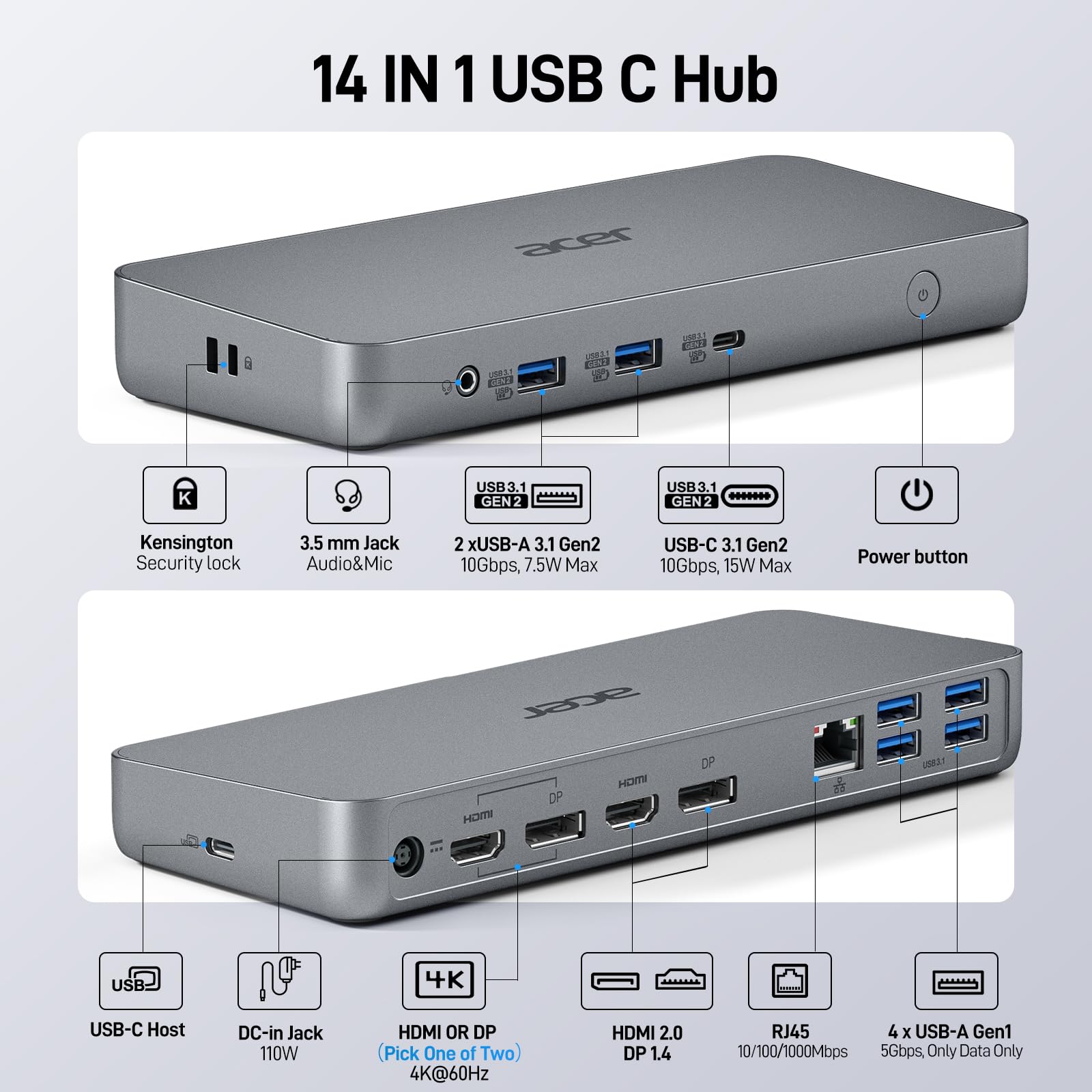 Foto 2 | Estación de Acoplamiento Acer 14 en 1 Triple Pantalla Usb-c 60 W - Venta Internacional