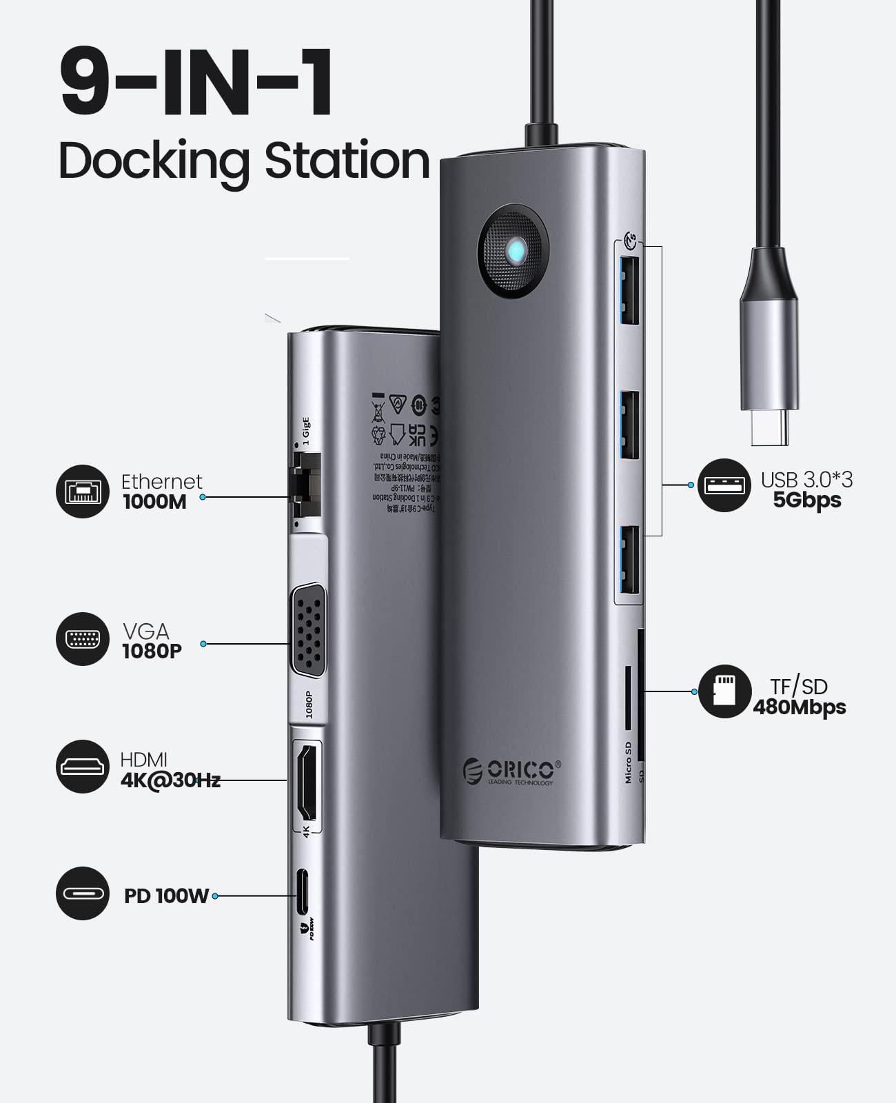 Foto 3 pulgar | Estación De Acoplamiento Usb C Orico 9 En 1 Con Hdmi 4k+pd100w+3 X Usb3. - Venta Internacional.