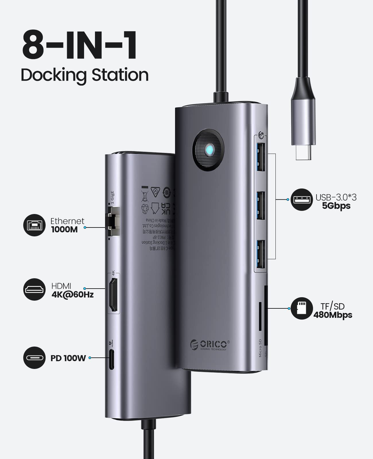 Foto 3 pulgar | Estación De Acoplamiento Usb C Orico 8 En 1 Con Hdmi 4k+pd100w+3 X Usb3.0 - Venta Internacional.
