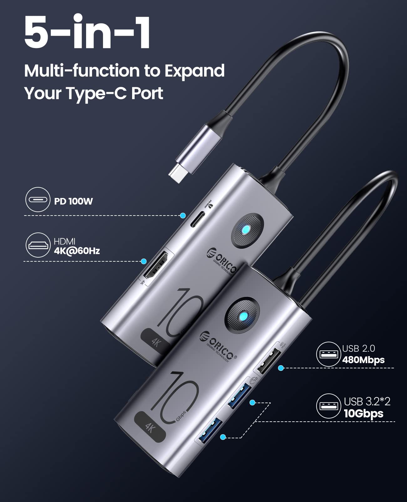 Foto 3 pulgar | Hub Usb C Orico Estación De Acoplamiento Usb-c 5 En 1 Para Portátiles De 10 Gbps - Venta Internacional.