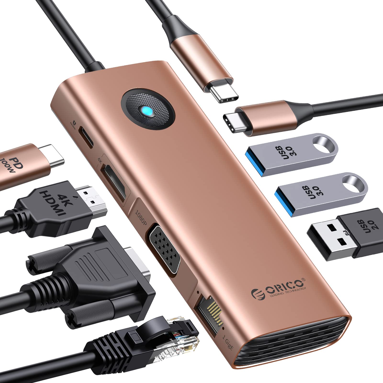 Estación De Acoplamiento Usb C Orico 8 En 1 Con Hdmi 4k, Vga Y Ethernet - Venta Internacional.