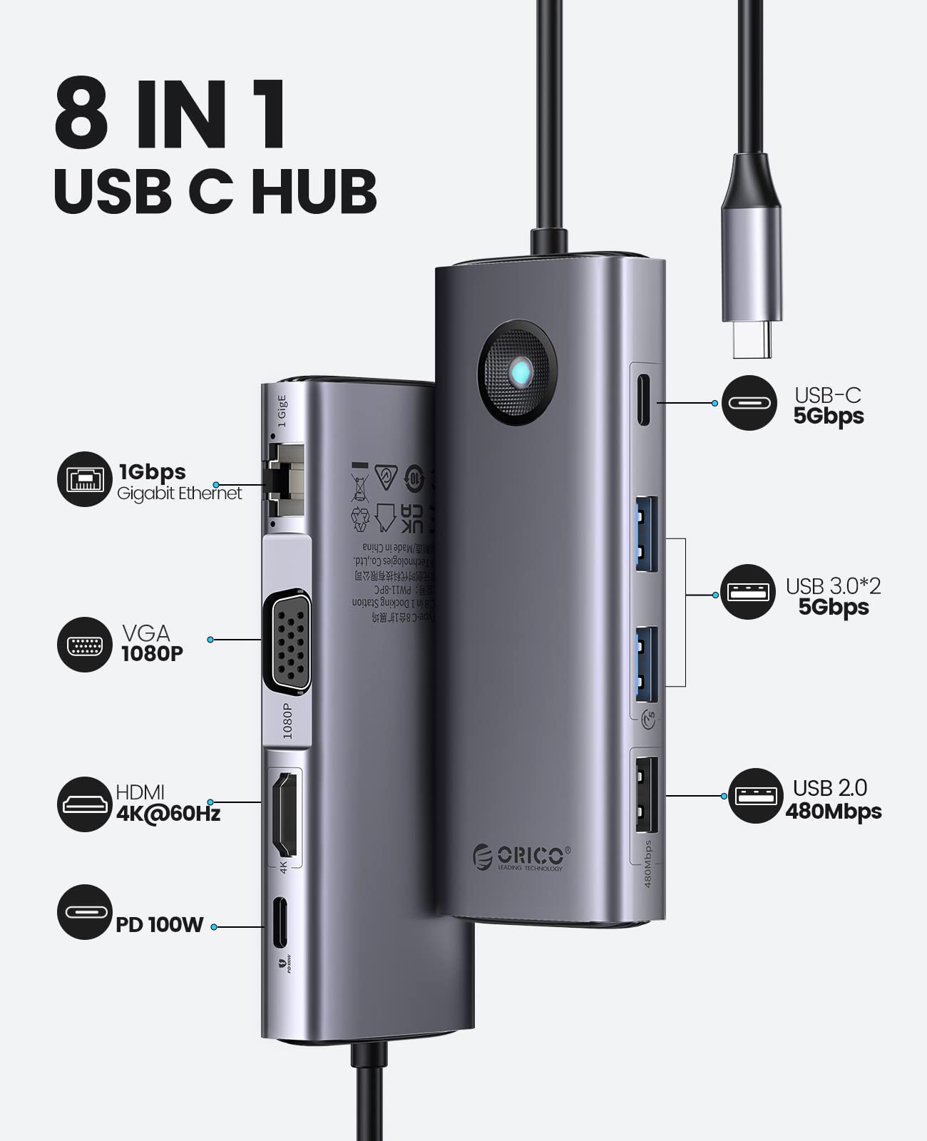 Foto 3 pulgar | Estación De Acoplamiento Usb C Orico 8 En 1 Con Hdmi 4k, Vga Y Ethernet - Venta Internacional.