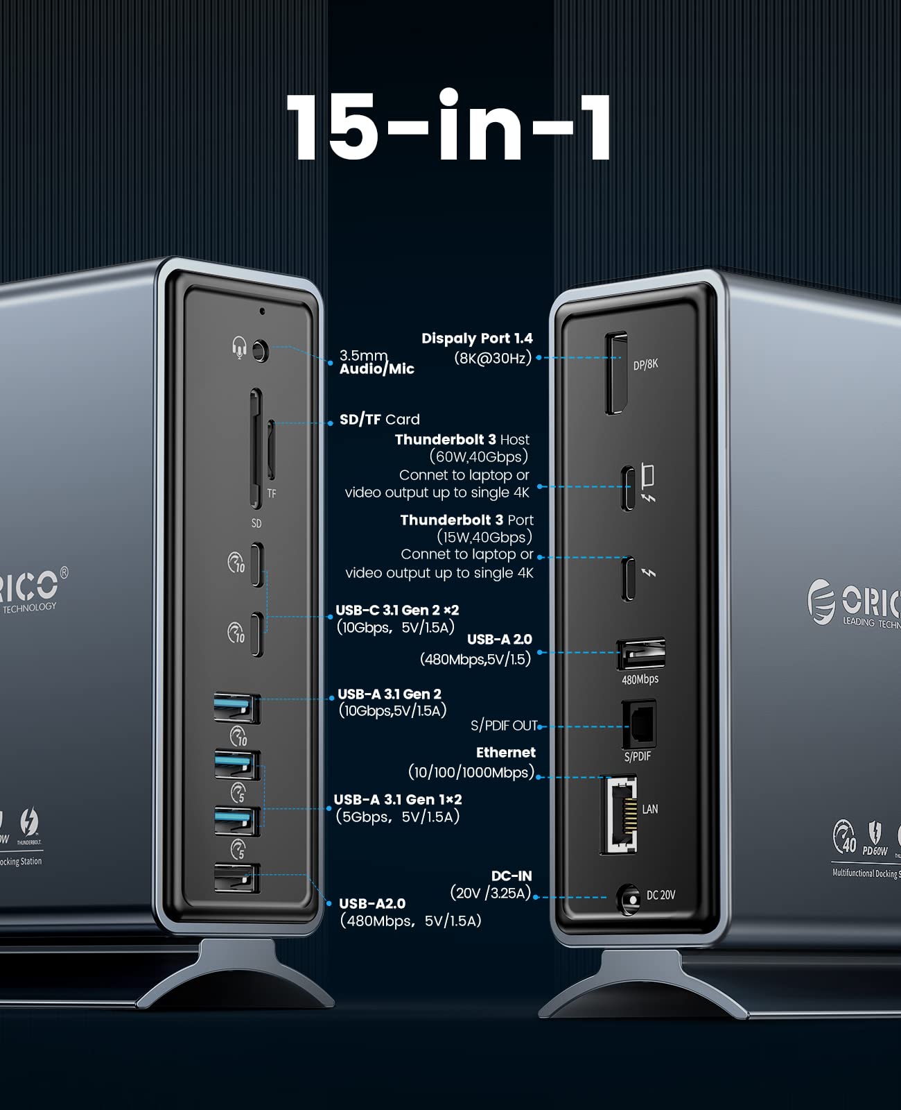 Foto 3 pulgar | Thunderbolt 3 Dock Orico 15 En 1, Pantalla Única 8k Y Doble 4k - Venta Internacional.