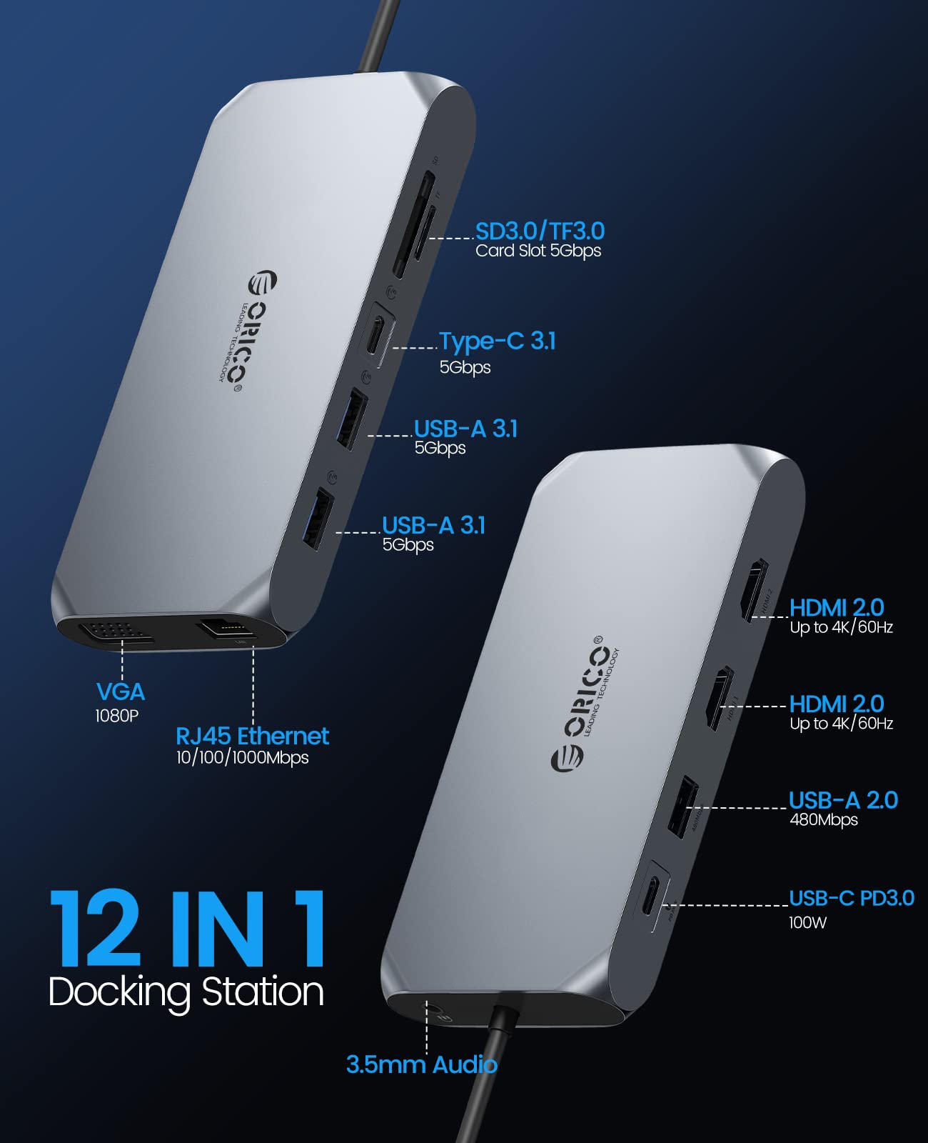 Foto 3 pulgar | Estación De Acoplamiento Orico, Adaptador Usb C A Hdmi Dual, Hub 12 En 1 - Venta Internacional.