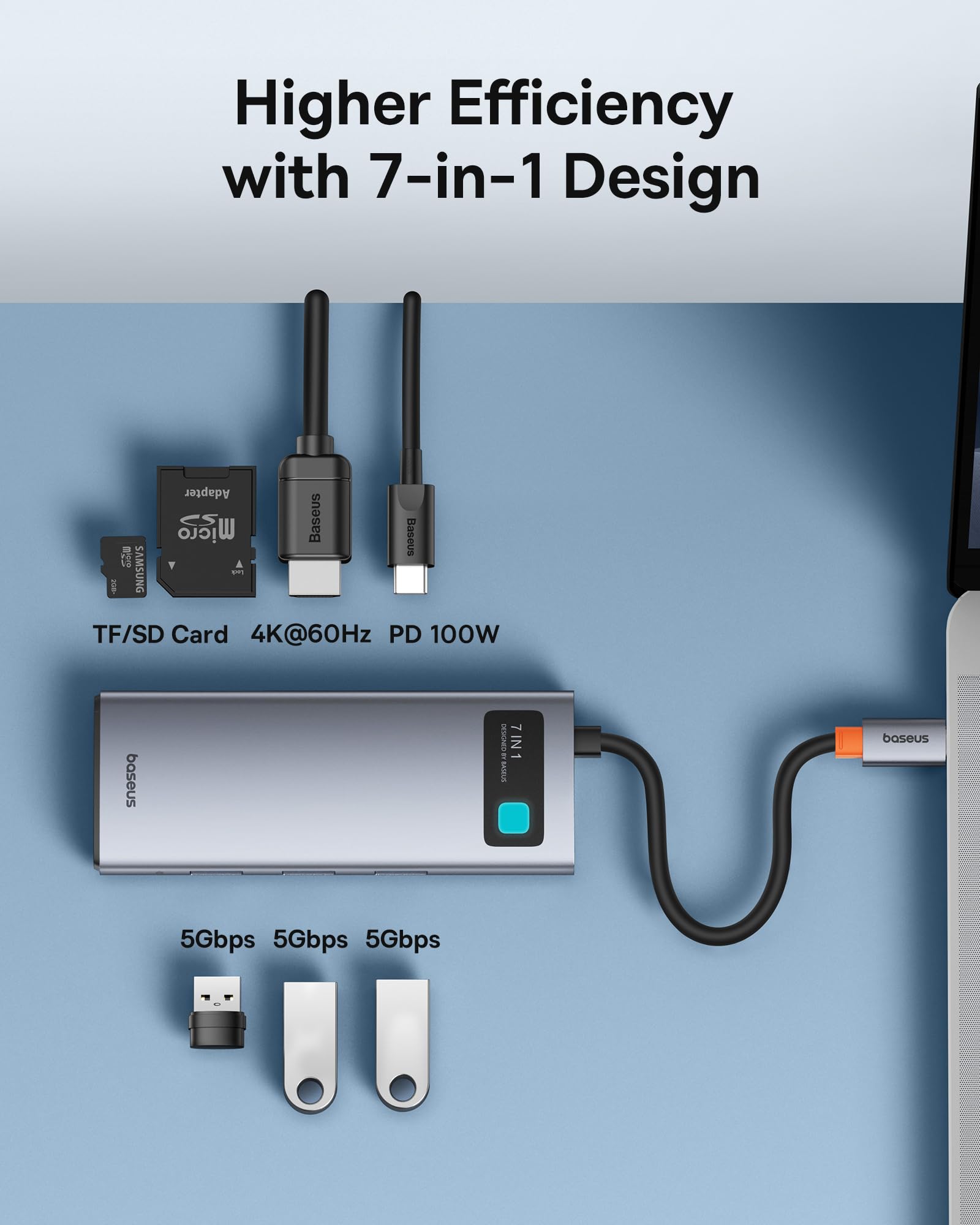 Foto 2 | Hub Usb C Baseus 7 En 1 Con Hdmi 4k @60hz, 3 Usb-a, Pd De 100 W - Venta Internacional.