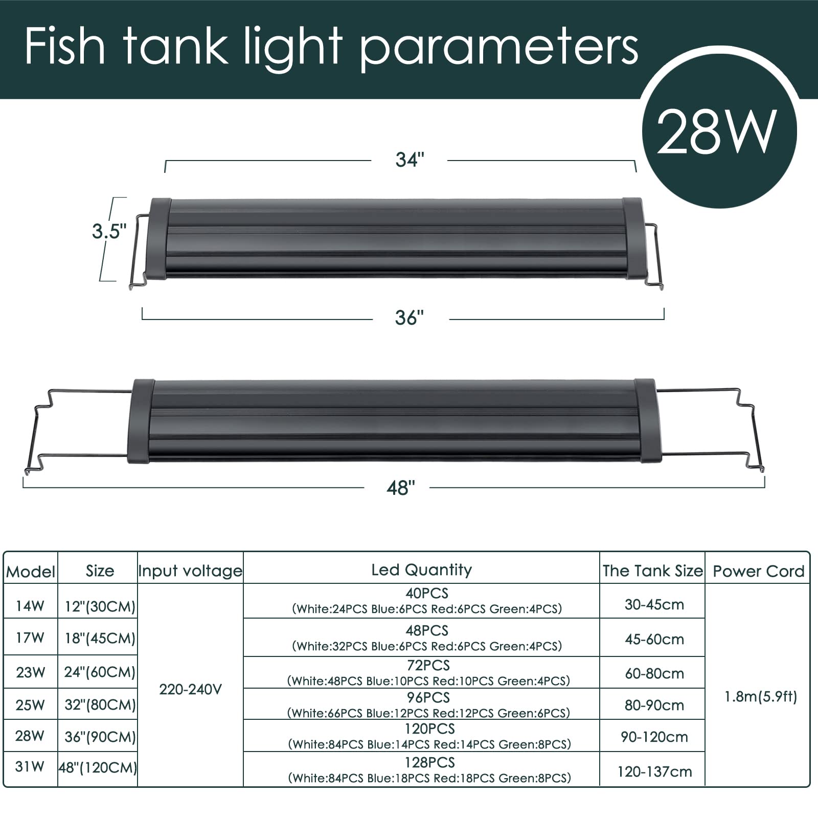 Foto 8 pulgar | Lámpara De Acuario Aqqa Led De Espectro Completo De 28 W Para Tanque De 90 A 110 Cm - Venta Internacional.