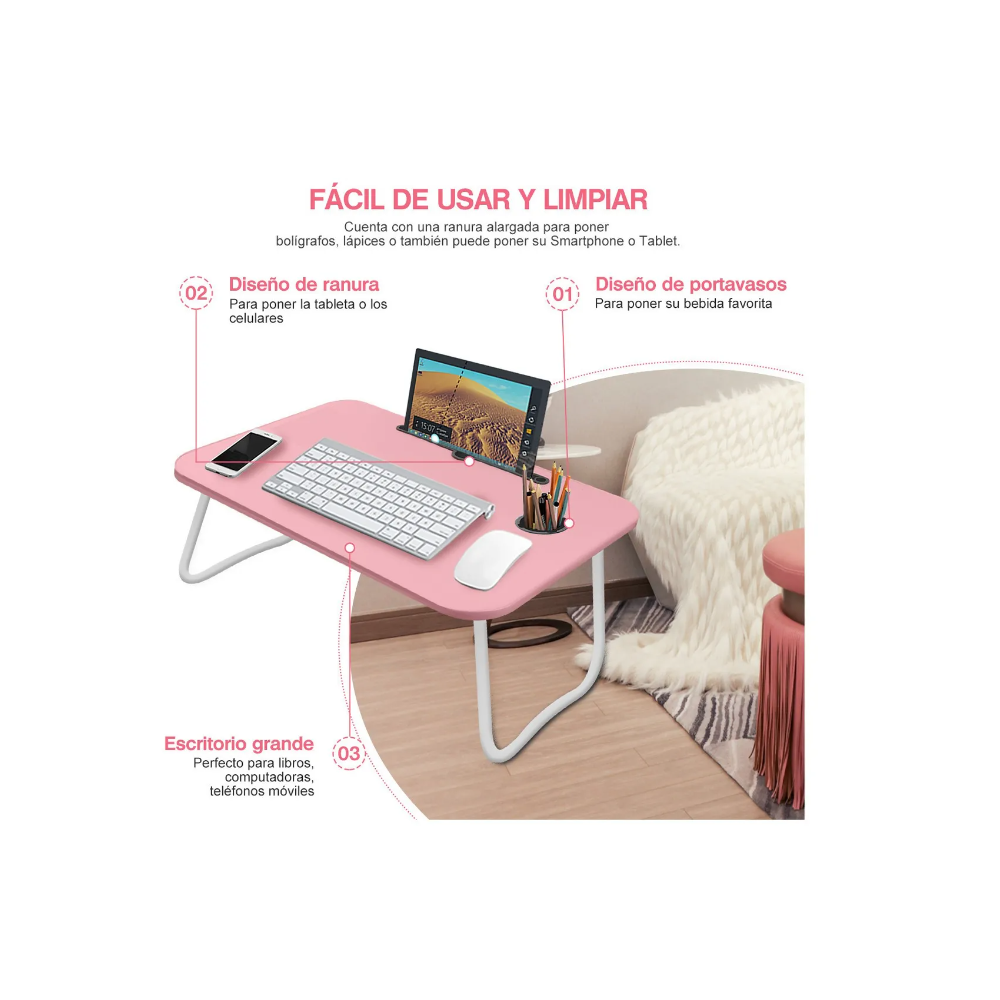 Foto 4 pulgar | Mesa Plegable para Laptop Malubero Portátil Soporte de Madera color Rosa