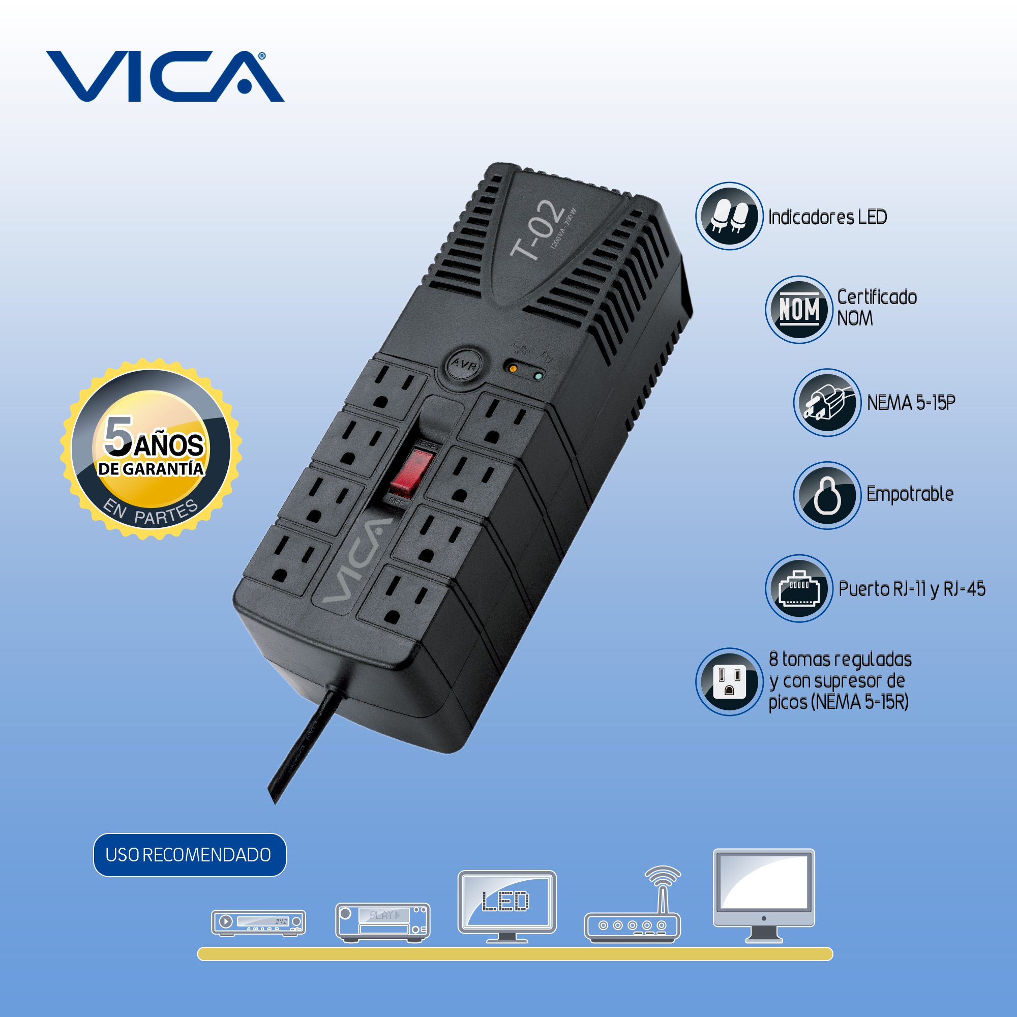 Foto 4 | Regulador Electrónico de Voltaje Vica T-02 de 700 w/ 8 Puertos color Negro