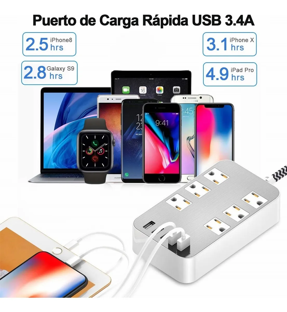 Foto 4 pulgar | Multicontacto Regleta De Alimentación Usb Electrica Enchufe Plateado