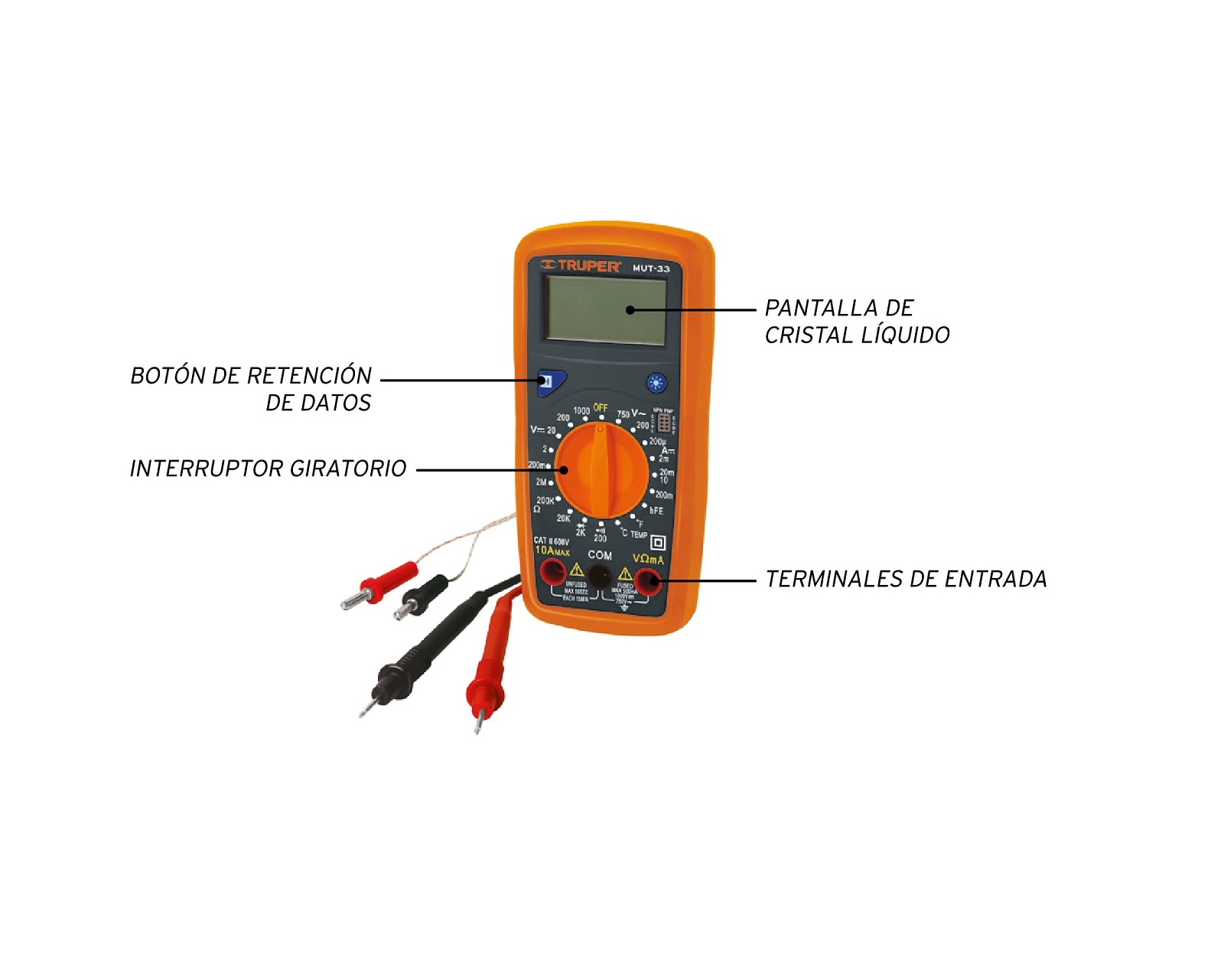 Foto 2 | Multímetro Digital Junior Truper Mut-33 color Anaranjado Incluye Sonda y Puntas