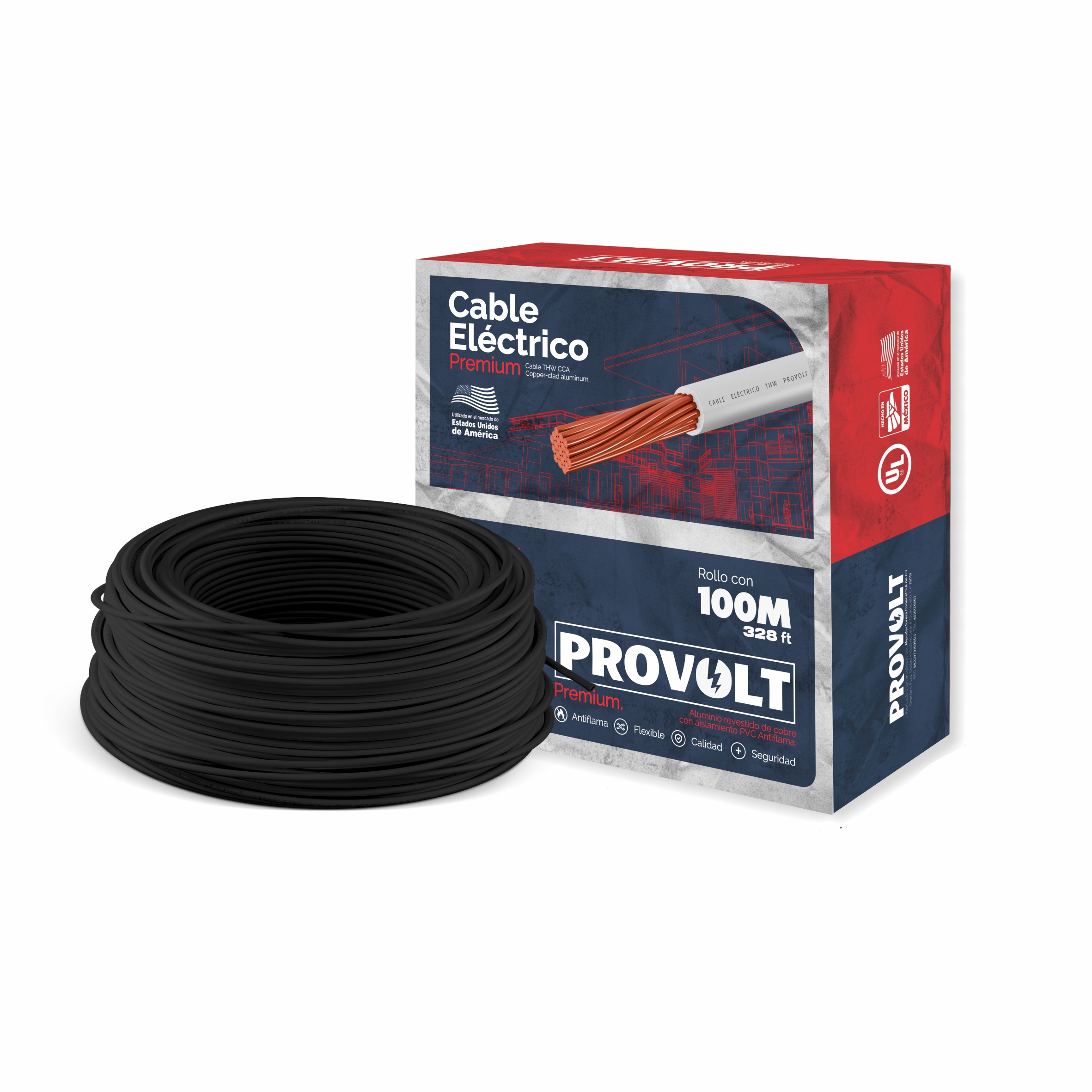 Cable Eléctrico Ul Thw Calibre 12 Negro Rollo Con 100 M Provolt