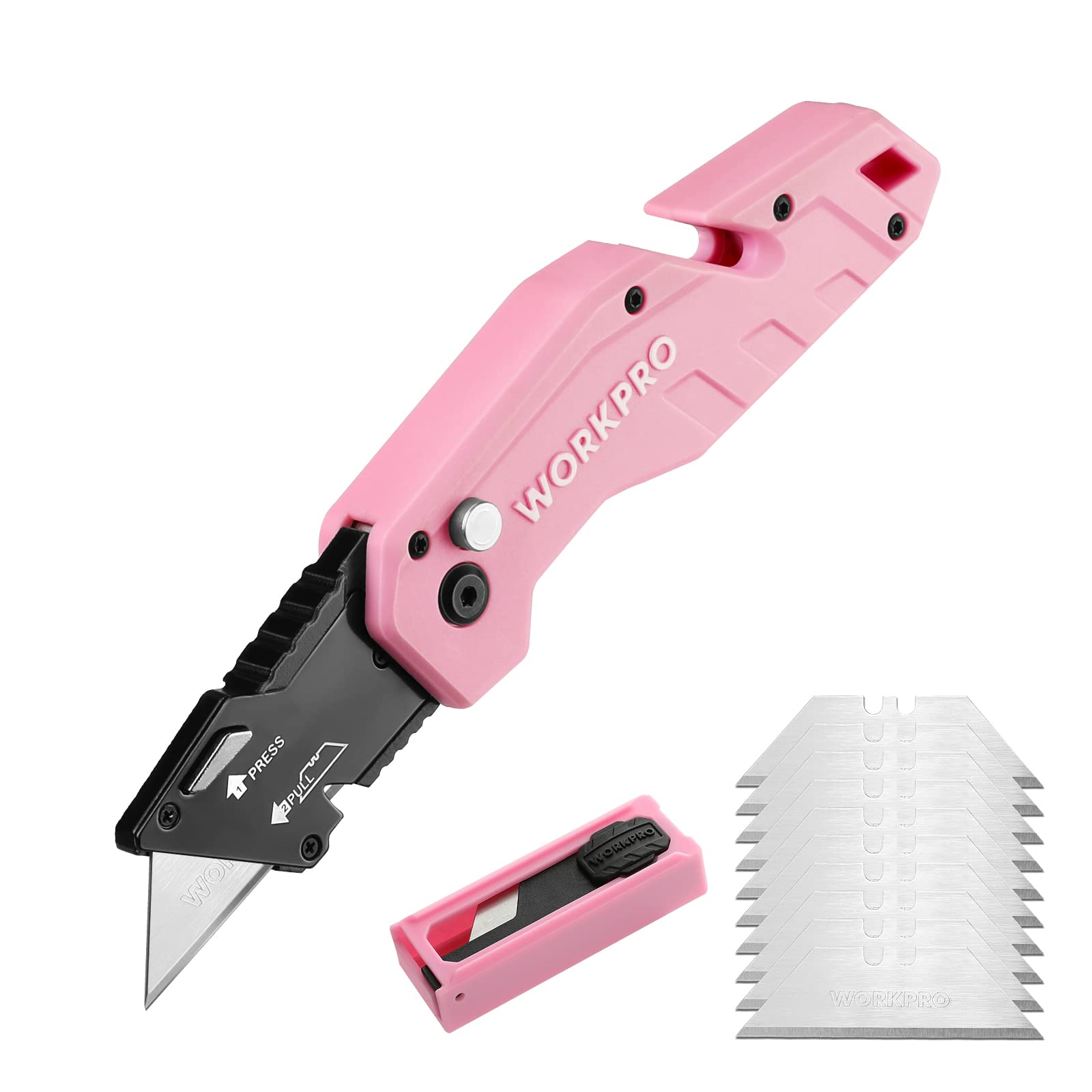 Foto 2 pulgar | Navaja Multiusos Plegable Workpro Rosa Con 10 Cuchillas Y Cinta Rosa - Venta Internacional.
