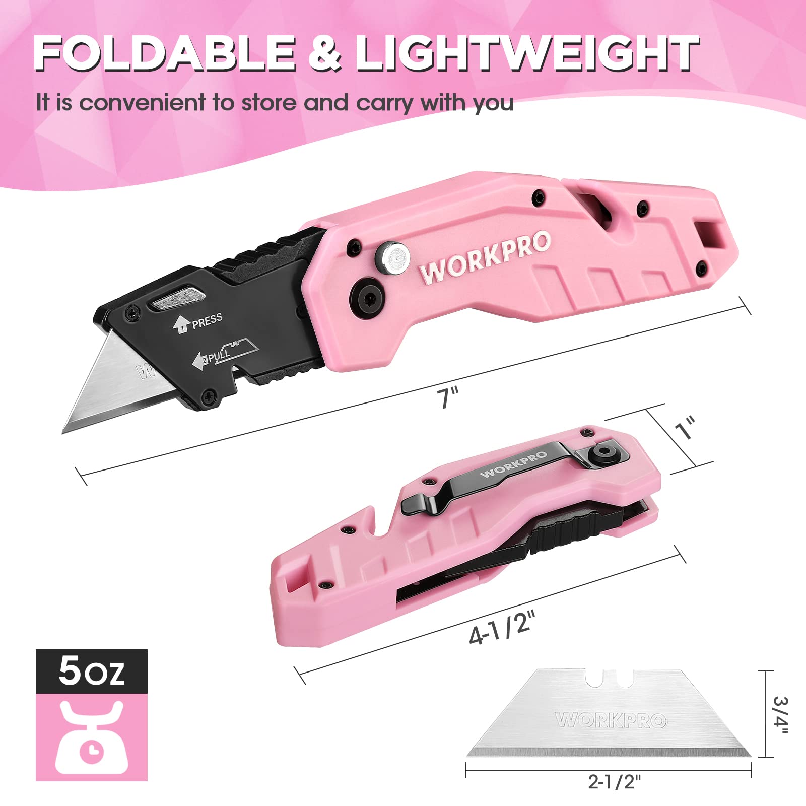 Foto 4 pulgar | Navaja Multiusos Plegable Workpro Rosa Con 10 Cuchillas Y Cinta Rosa - Venta Internacional.