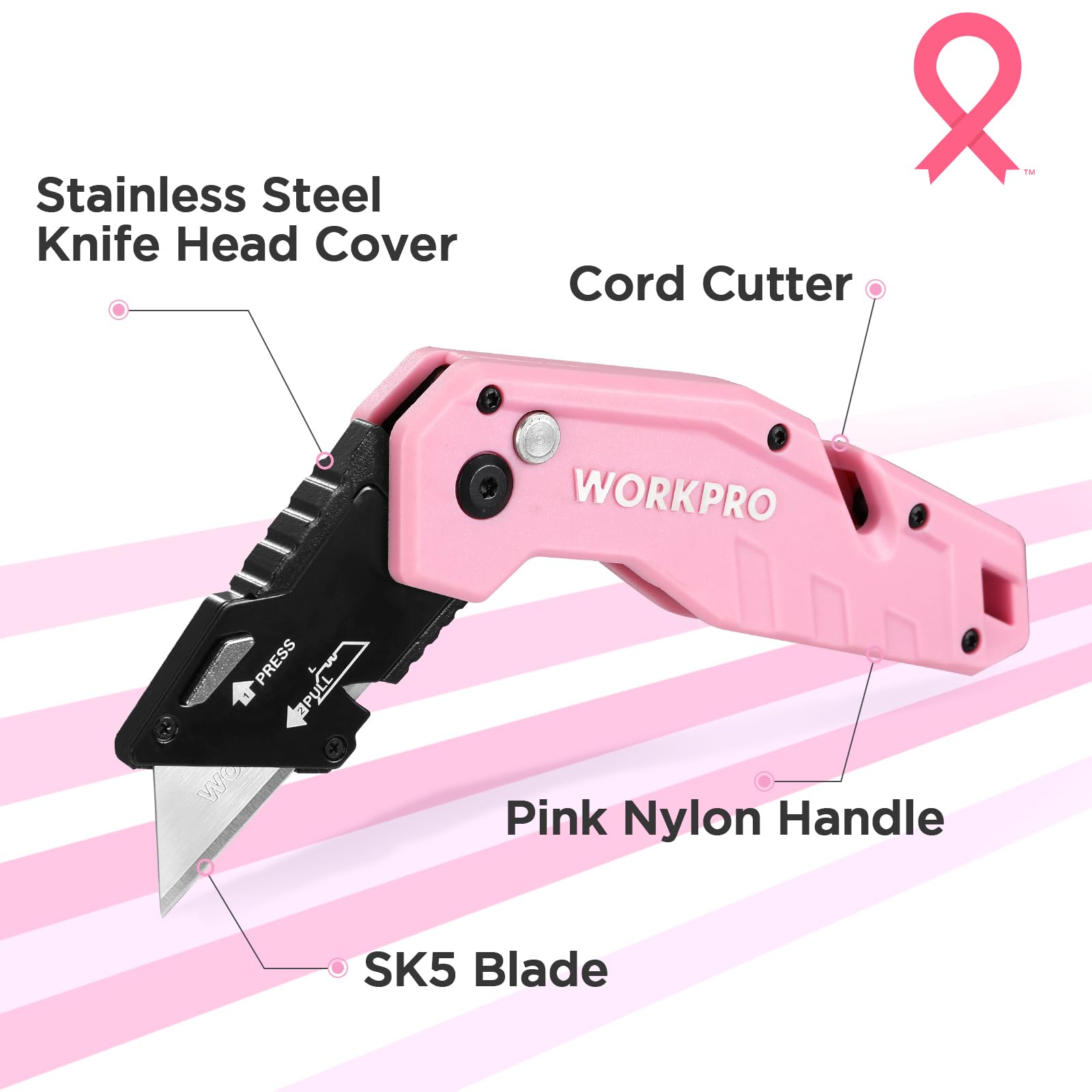 Foto 5 pulgar | Navaja Multiusos Plegable Workpro Rosa Con 10 Cuchillas Y Cinta Rosa - Venta Internacional.