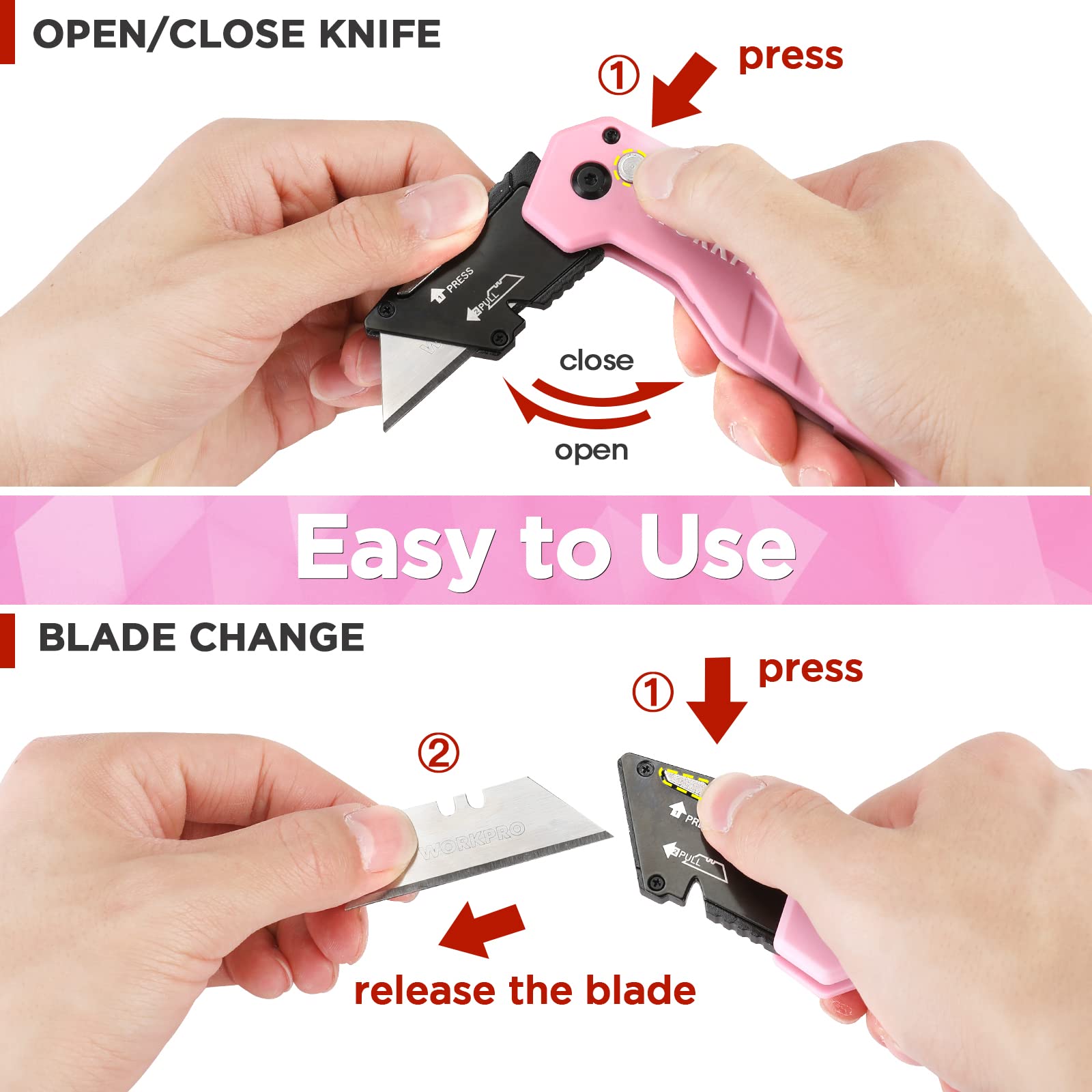 Foto 6 pulgar | Navaja Multiusos Plegable Workpro Rosa Con 10 Cuchillas Y Cinta Rosa - Venta Internacional.