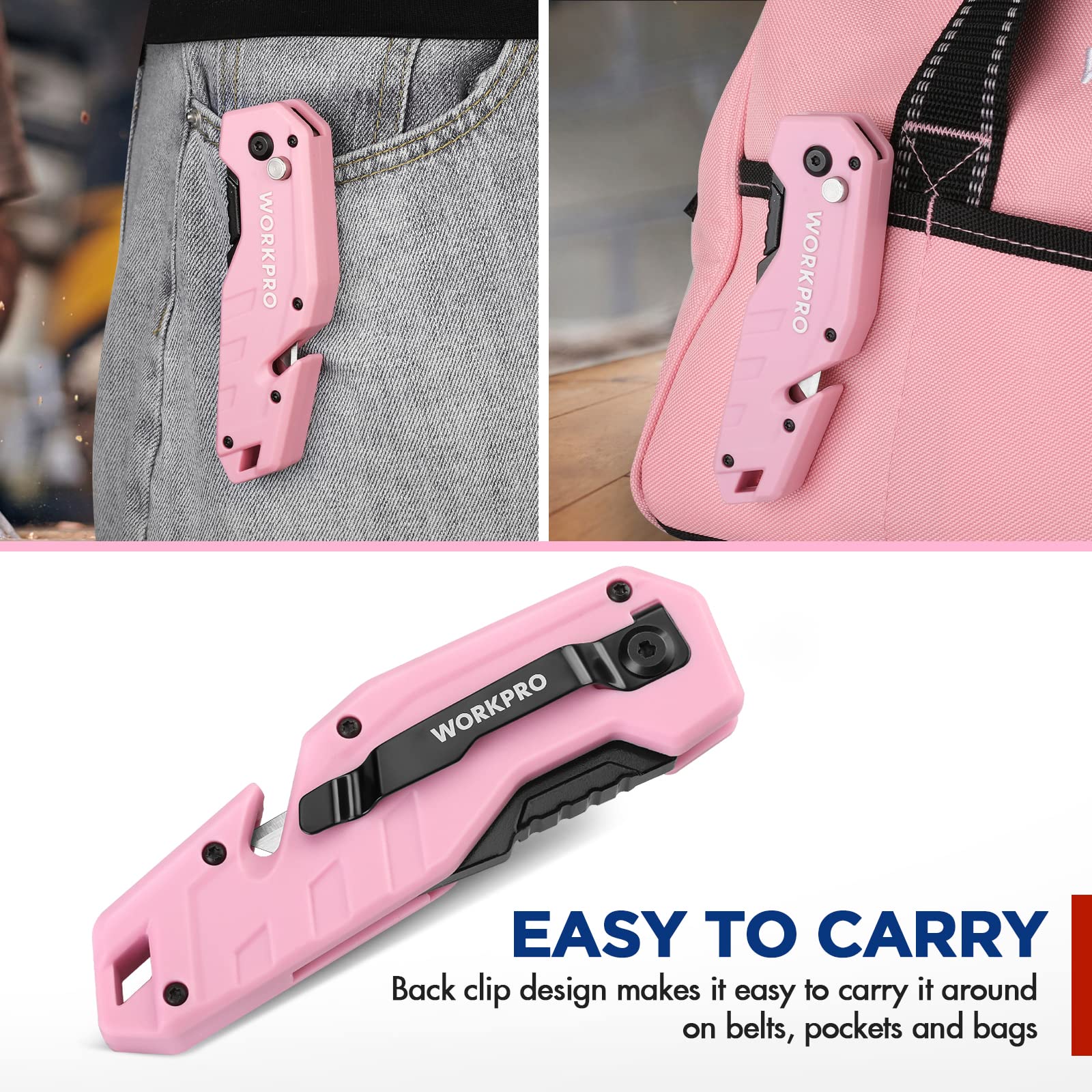 Foto 8 pulgar | Navaja Multiusos Plegable Workpro Rosa Con 10 Cuchillas Y Cinta Rosa - Venta Internacional.