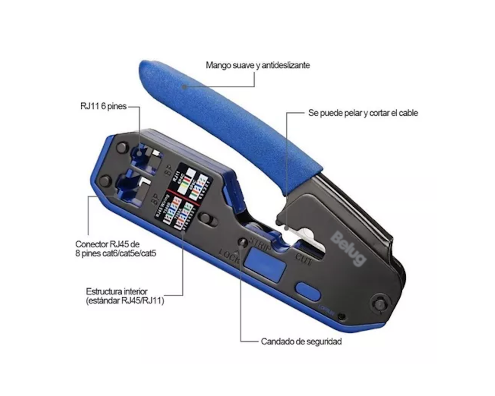 Foto 4 | Pinza Pelacables De Cable Red Rj45 Cat6 Cat5e Cat5 Rj11 Rj12 Negro/azul Belug
