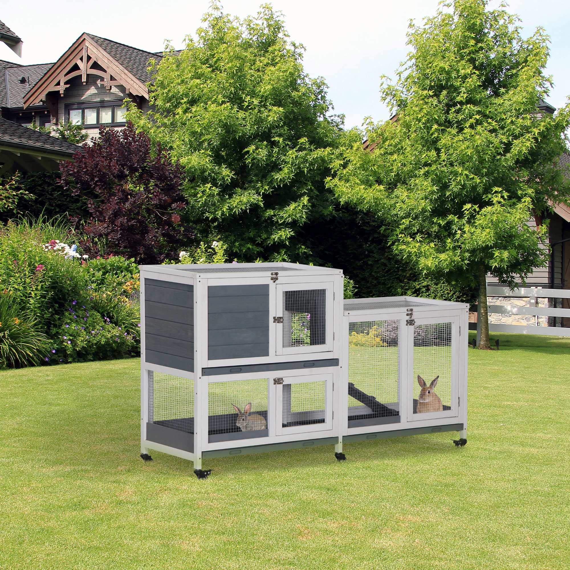 Foto 2 | Conejera De Madera Para Conejos Pawhutch Con Zona De Correr, Color Gris Y Blanco - Venta Internacional.