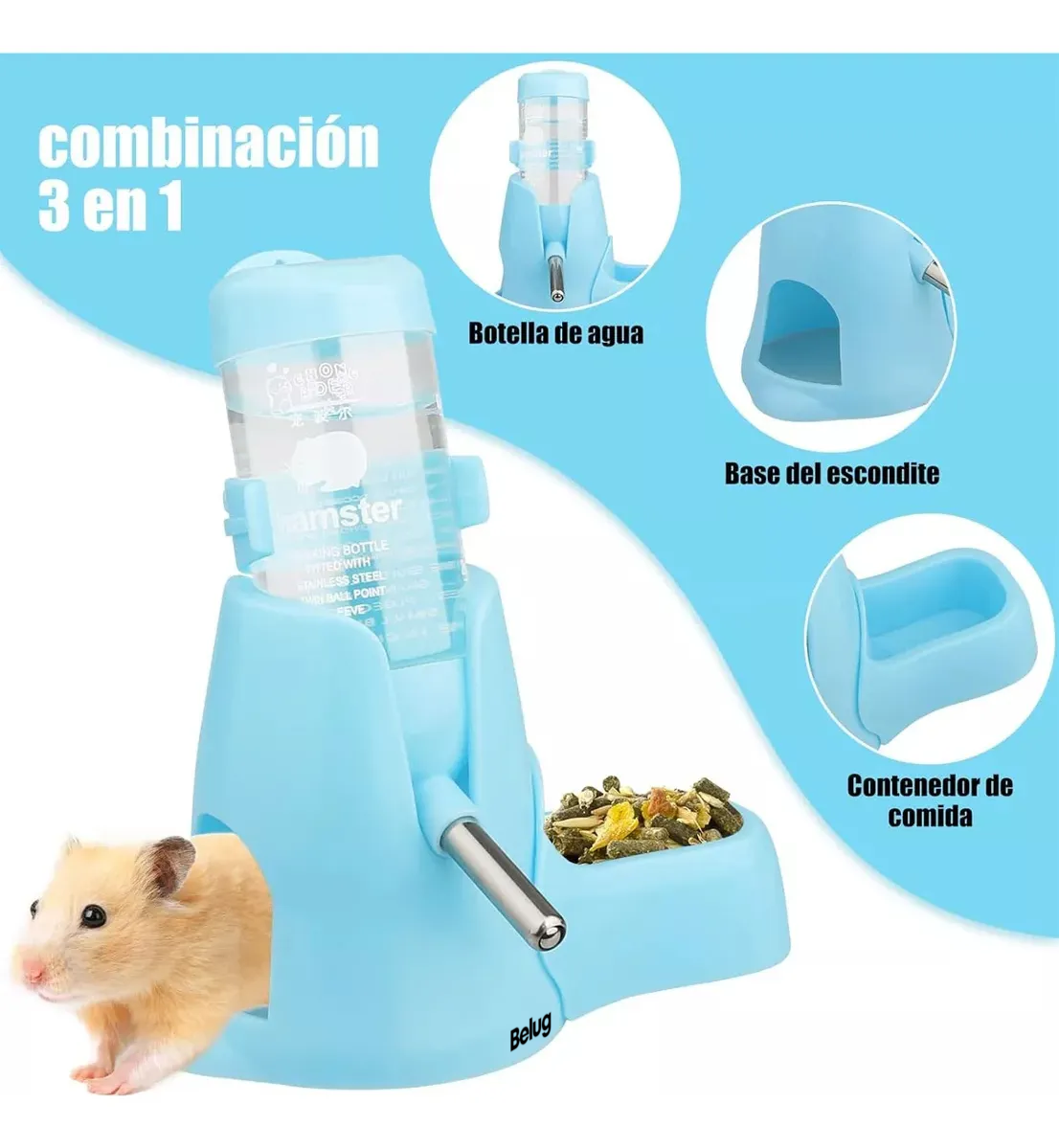Foto 5 | 3 En 1 Comedero Y Bebedero  Belug Para Hamster Cuyo Conejo 125ml Azul