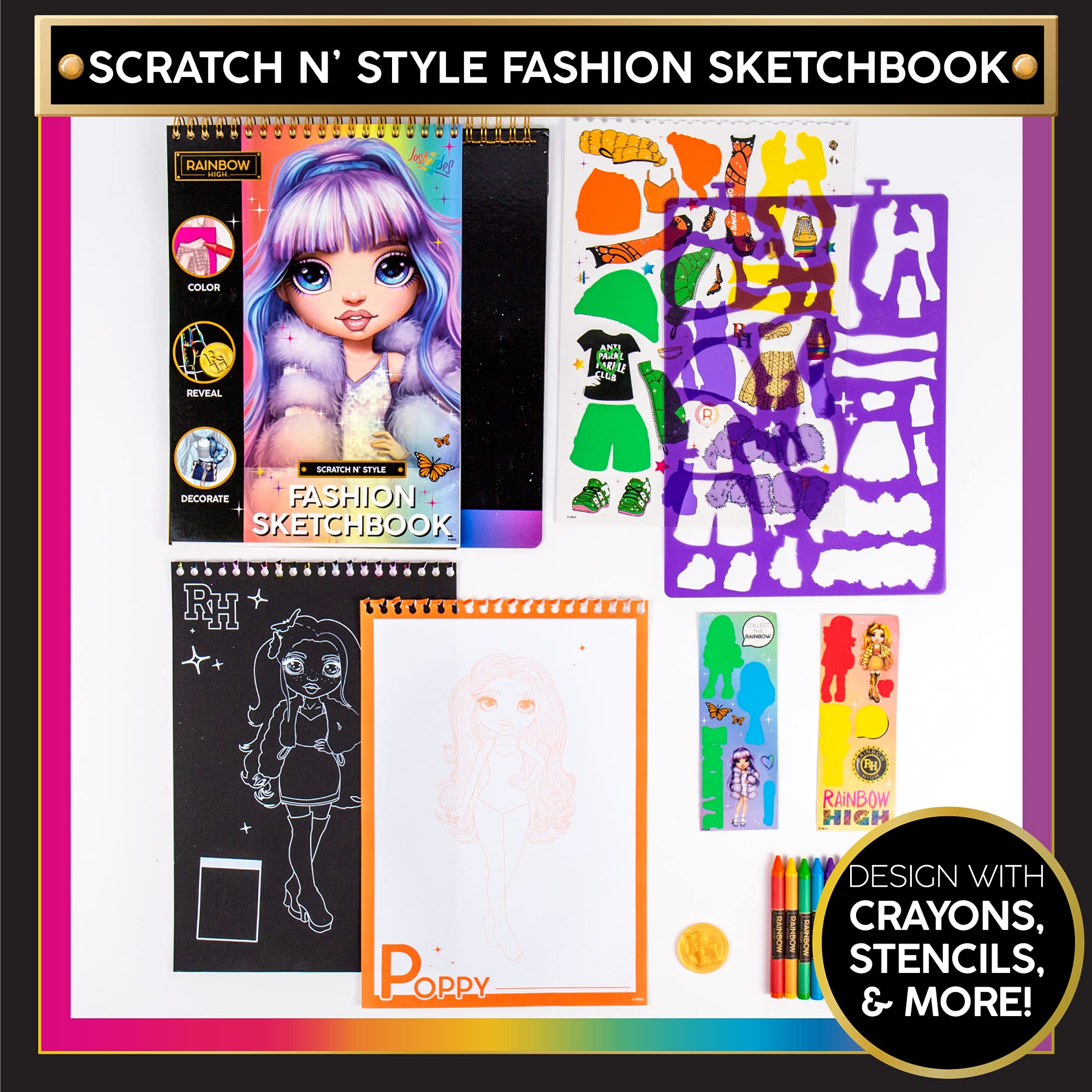 Foto 2 | Cuaderno De Bocetos Moderno Rainbow High Scratch 'n Style Con Plantillas - Venta Internacional.