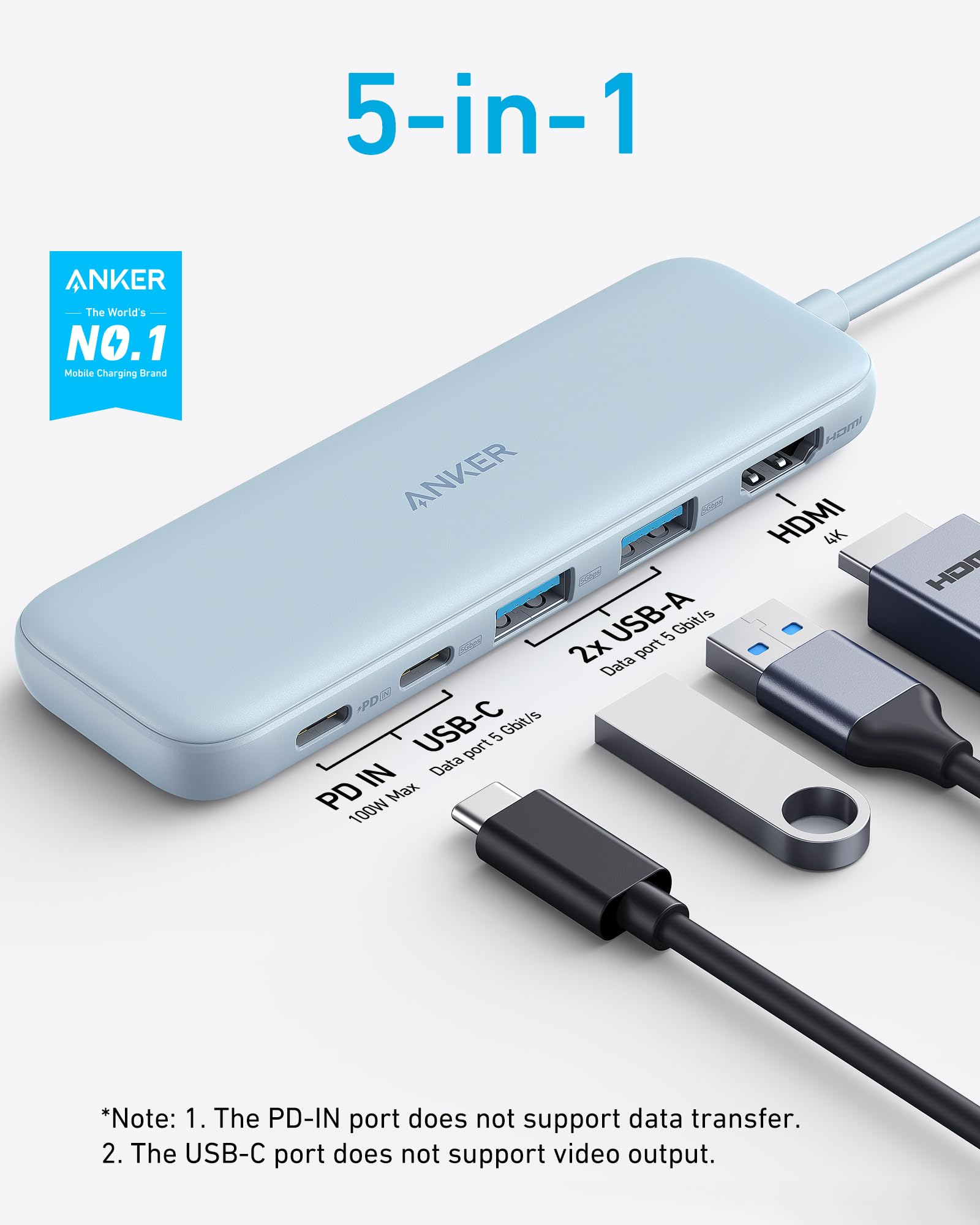Foto 2 | Hub Usb-c Anker 332 5 En 1 Con Hdmi 4k, Puertos Usb-c/a De 5 Gbps, Azul - Venta Internacional.