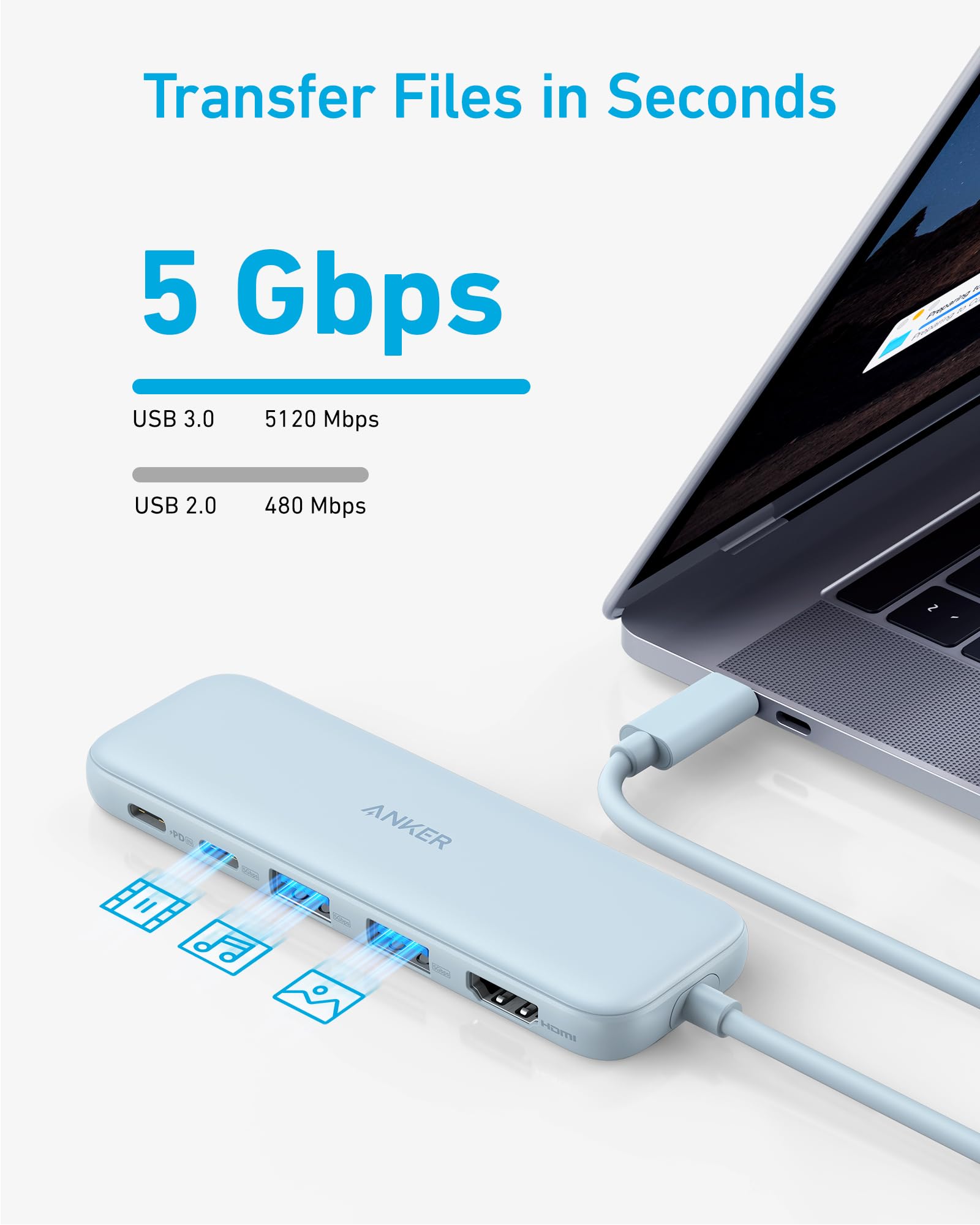 Foto 5 pulgar | Hub Usb-c Anker 332 5 En 1 Con Hdmi 4k, Puertos Usb-c/a De 5 Gbps, Azul - Venta Internacional.