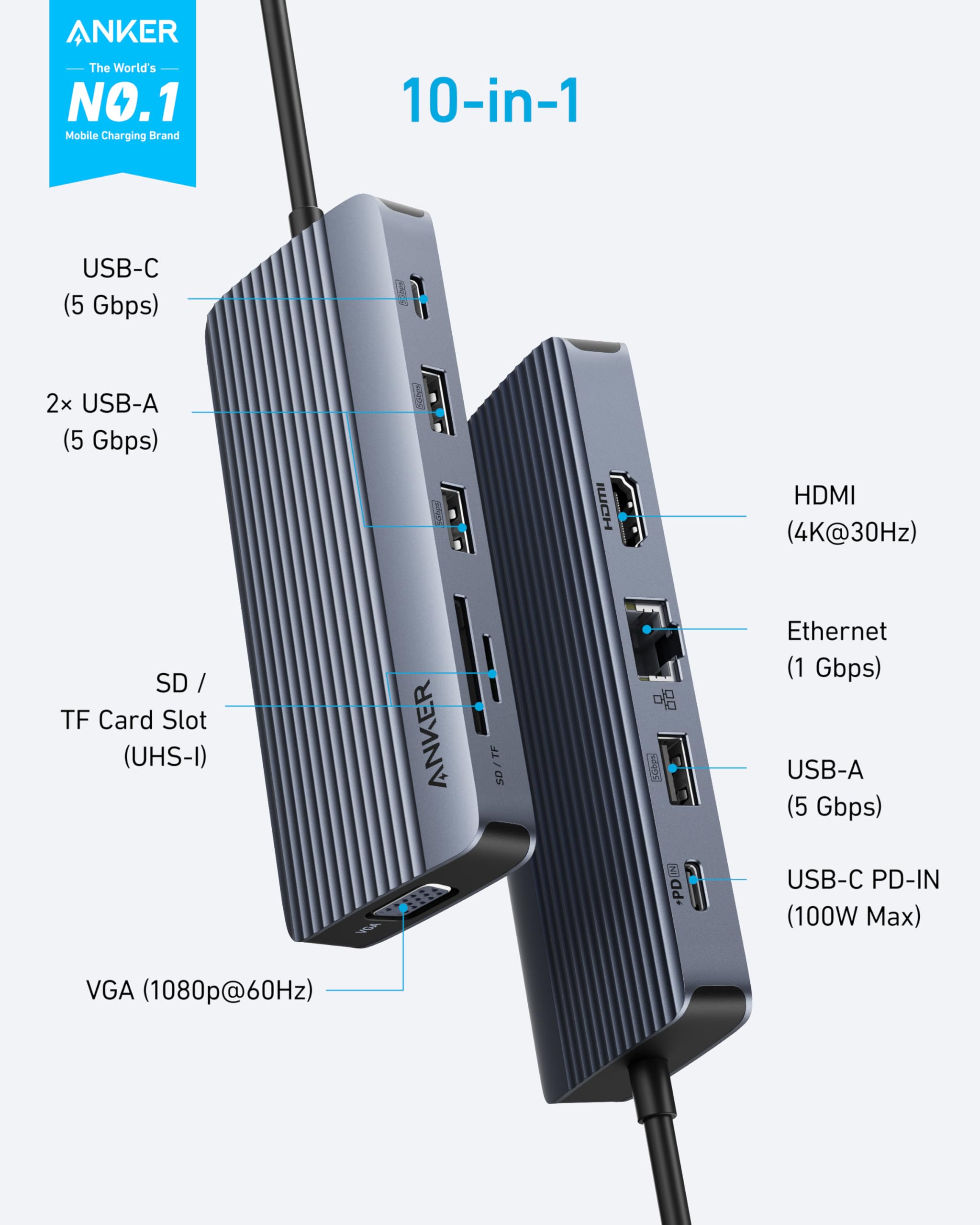 Foto 3 pulgar | Hub Usb-c Anker De Doble Pantalla 10 En 1 Hdmi 4k @30hz Vga 1080p - Venta Internacional.