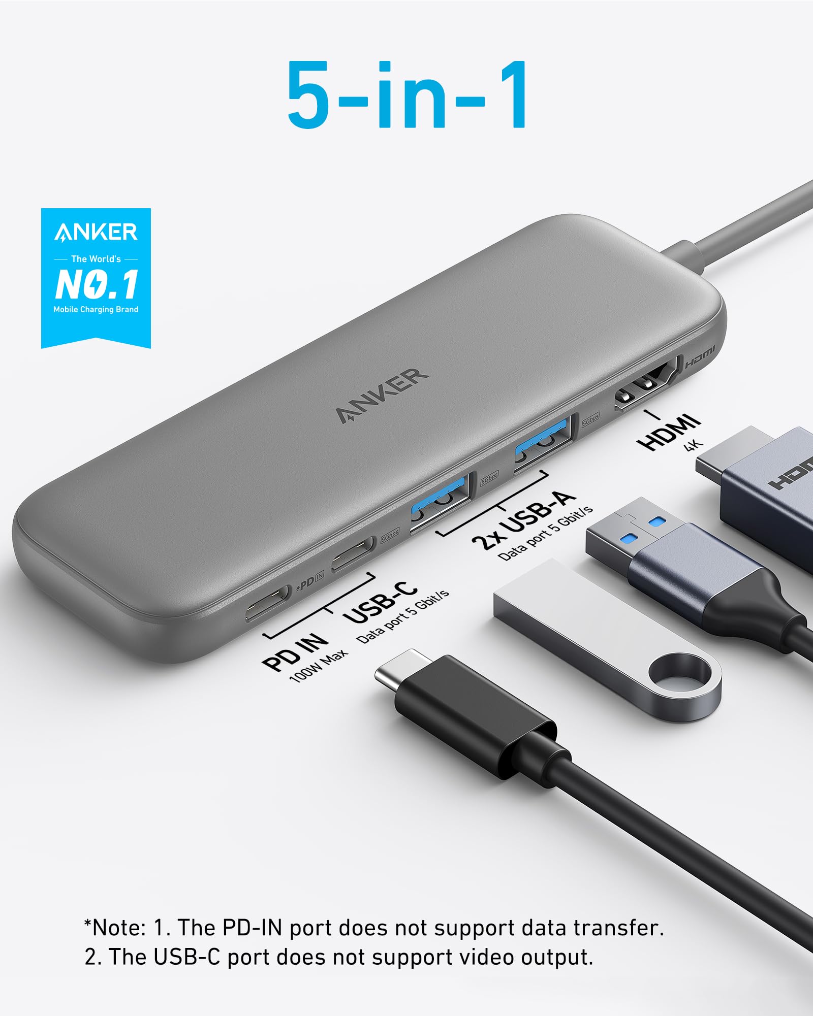 Foto 3 pulgar | Hub Usb-c Anker 332 5 En 1 Con Hdmi 4k, Puertos Usb-c/a De 5 Gbps, Gris - Venta Internacional.