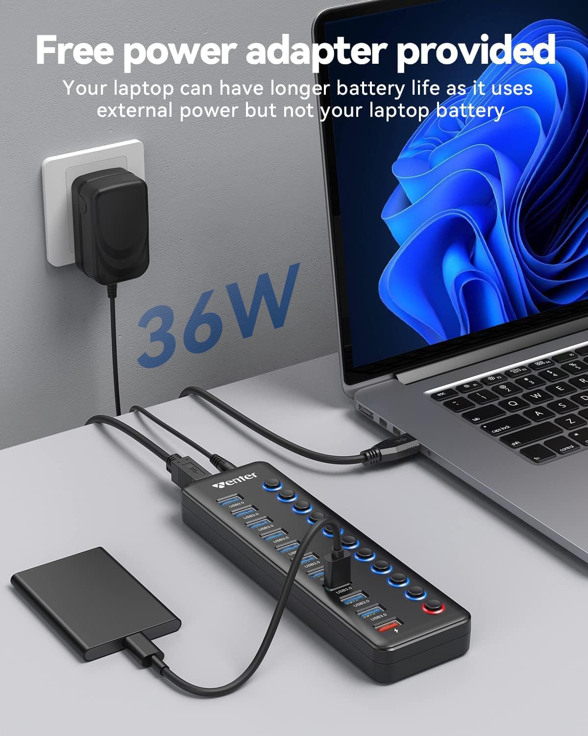 Foto 5 | Hub Usb Wenter Usb 3.0 De 11 Puertos Con 10 Puertos De Datos Y 1 De Carga - Venta Internacional.