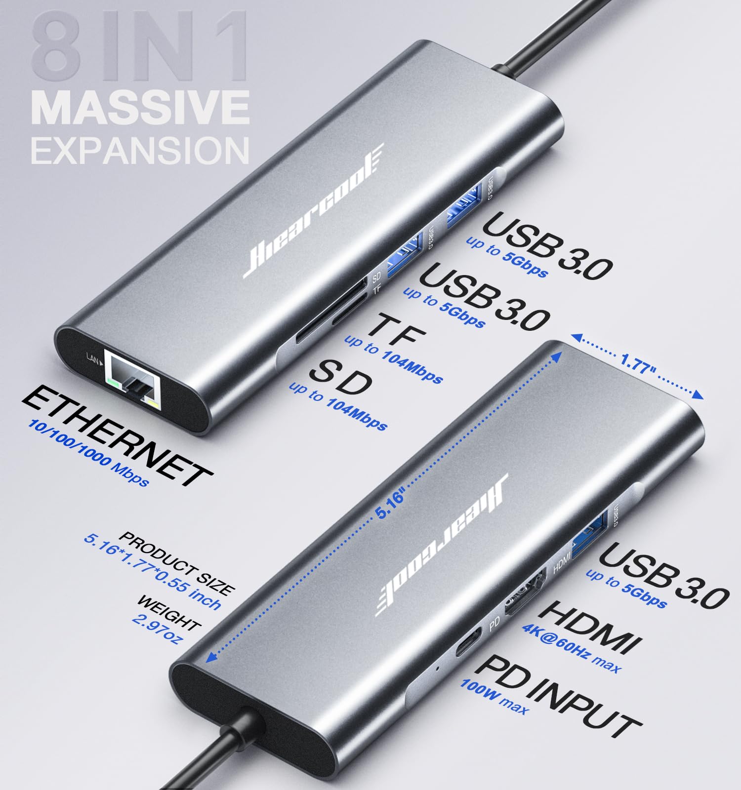 Foto 6 pulgar | Hub USB-C Ethernet Hiearcool 8 en 1 con HDMI 4K @60 para MacBook Pro - Venta Internacional