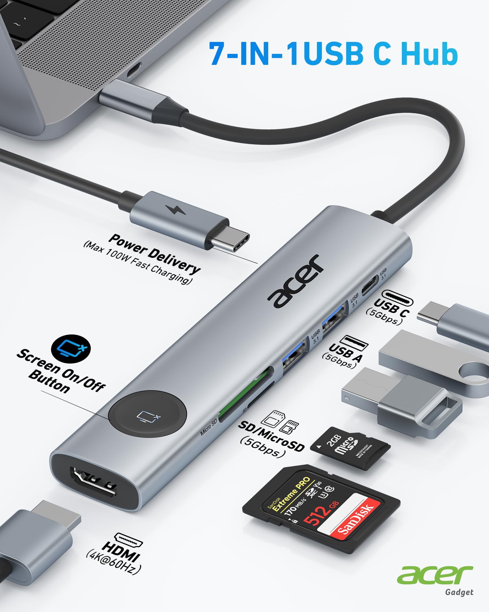 Foto 3 pulgar | Adaptador Multipuerto Usb-c Hub Acer 7 En 1 Con 4k @60hz Hdmi De 100 W - Venta Internacional.